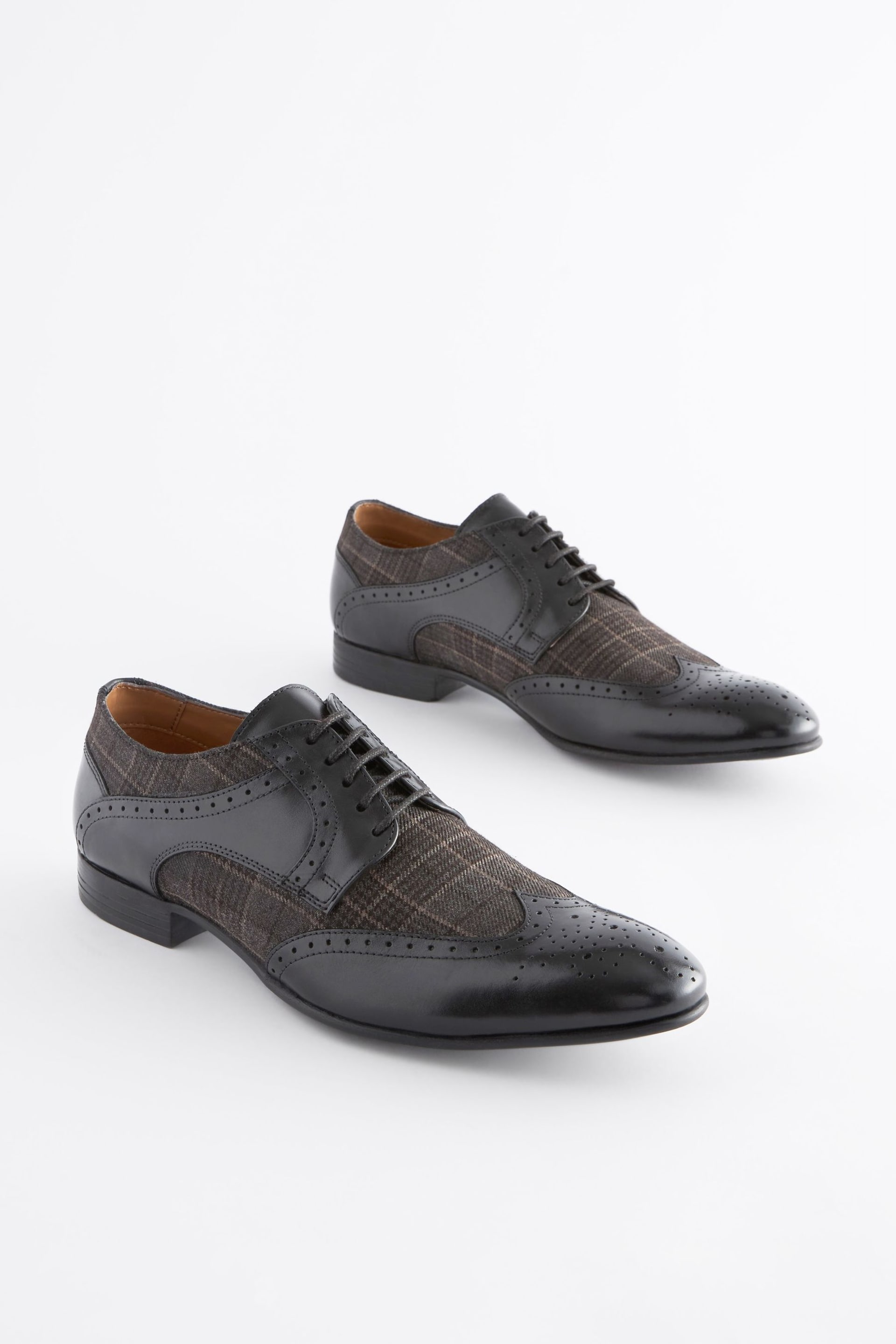 Black Leather & Check Brogue Shoes - Image 2 of 7