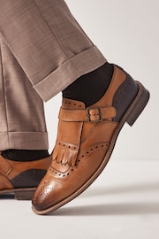 Tan Brown Leather Fringe Monk Shoes - Image 1 of 6