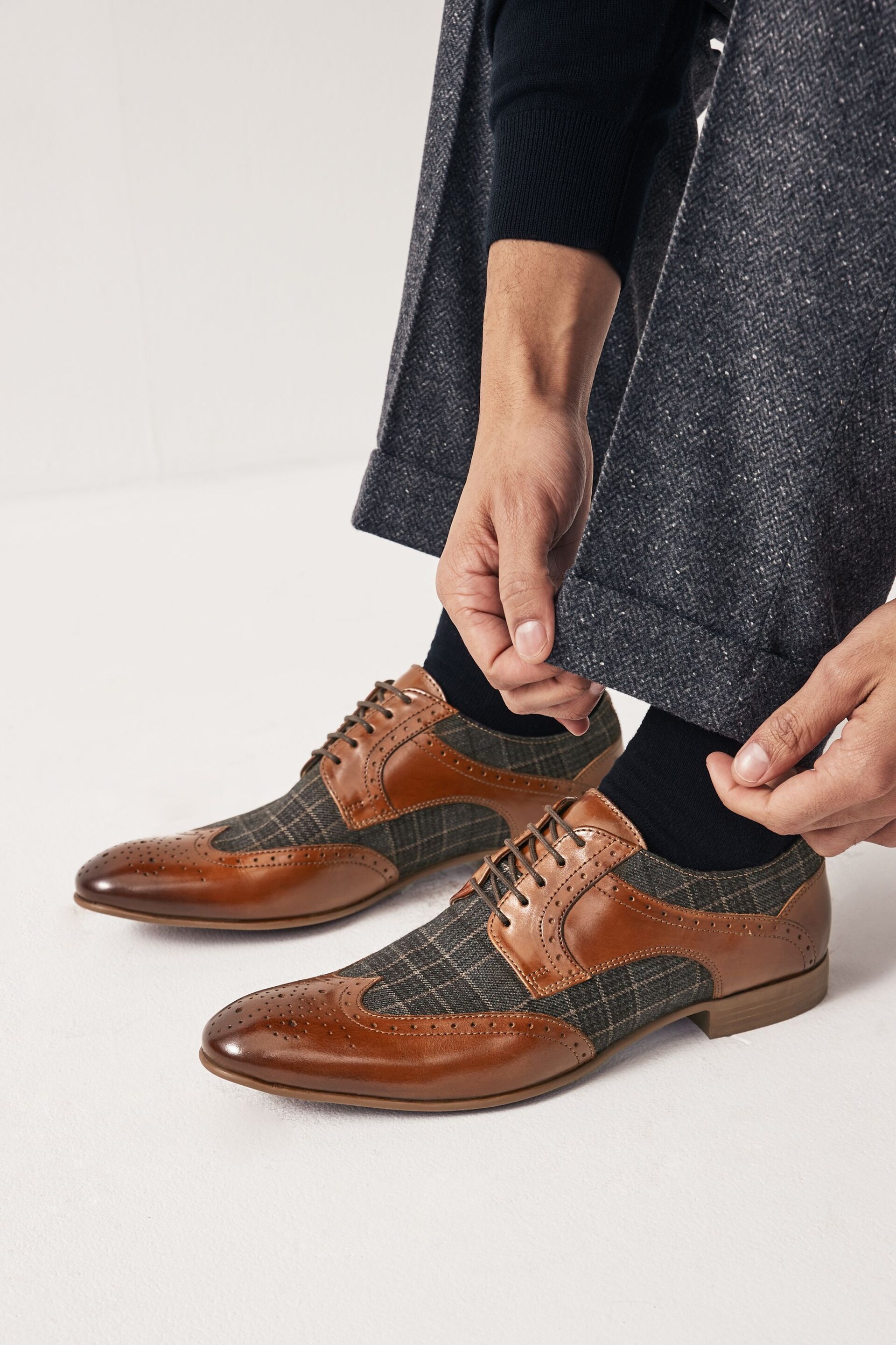 Tan Brown Leather & Check Brogue Shoes - Image 1 of 7