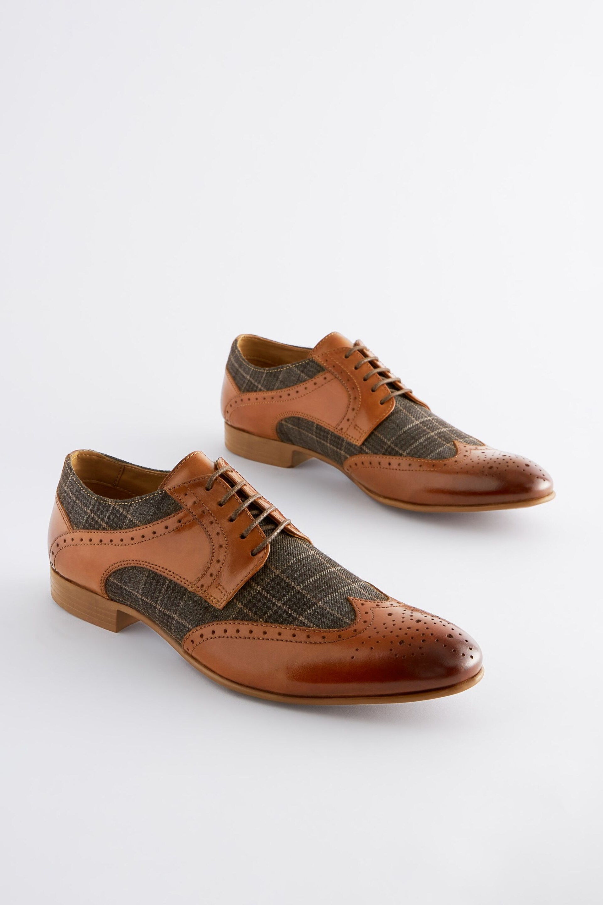 Tan Brown Leather & Check Brogue Shoes - Image 2 of 7