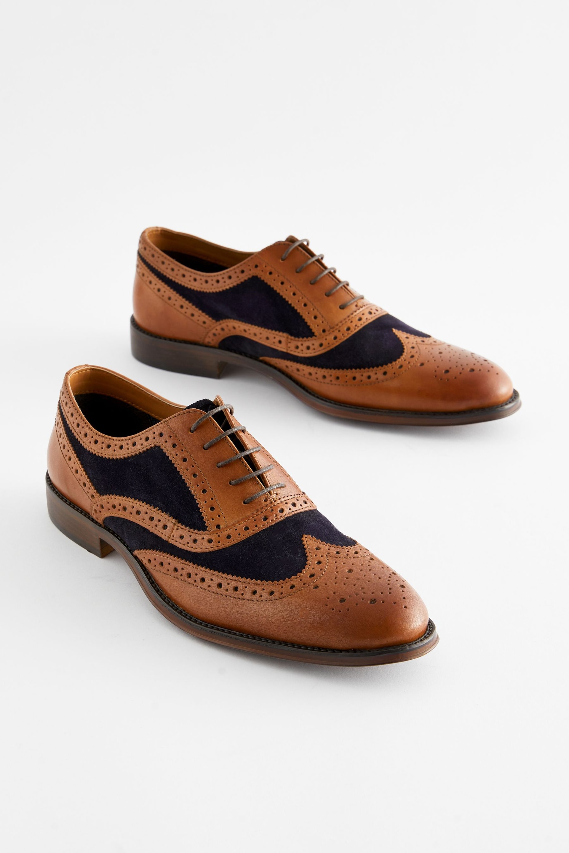 Tan/Navy Leather Contrast Panel Brogue Shoes - Image 1 of 6