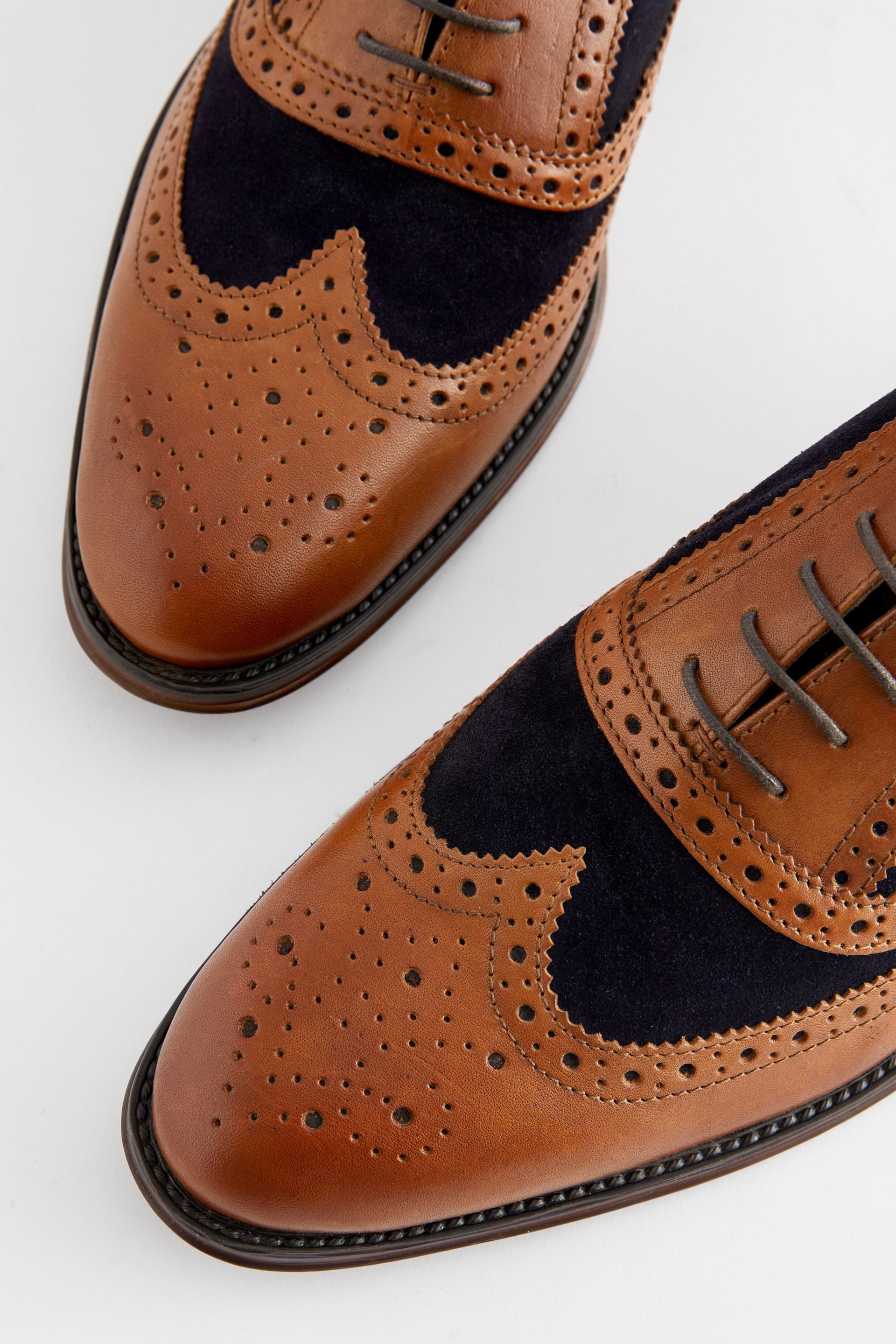 Tan/Navy Leather Contrast Panel Brogue Shoes - Image 3 of 6
