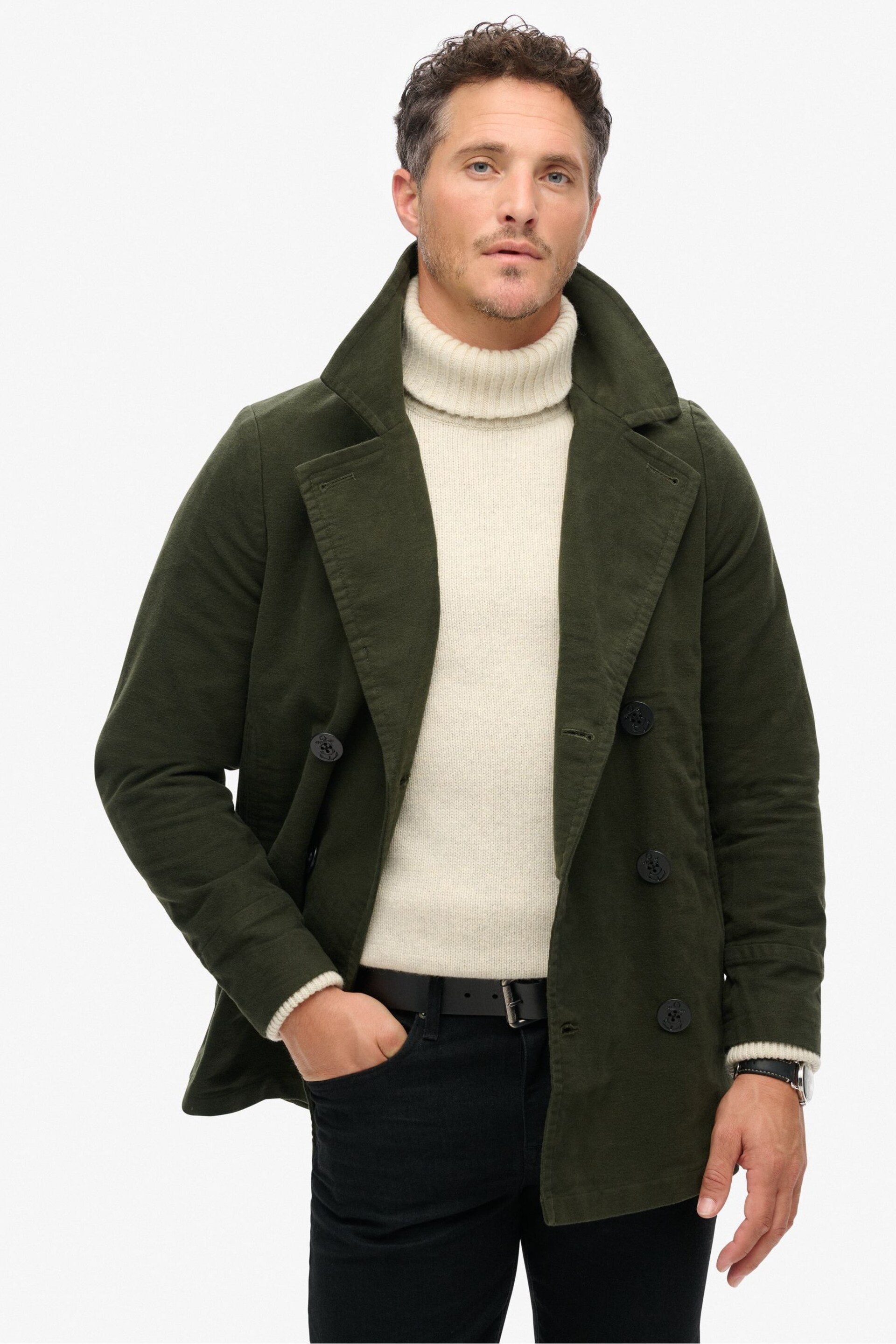 Superdry Green The Merchant Store Moleskin Pea Coat - Image 2 of 6