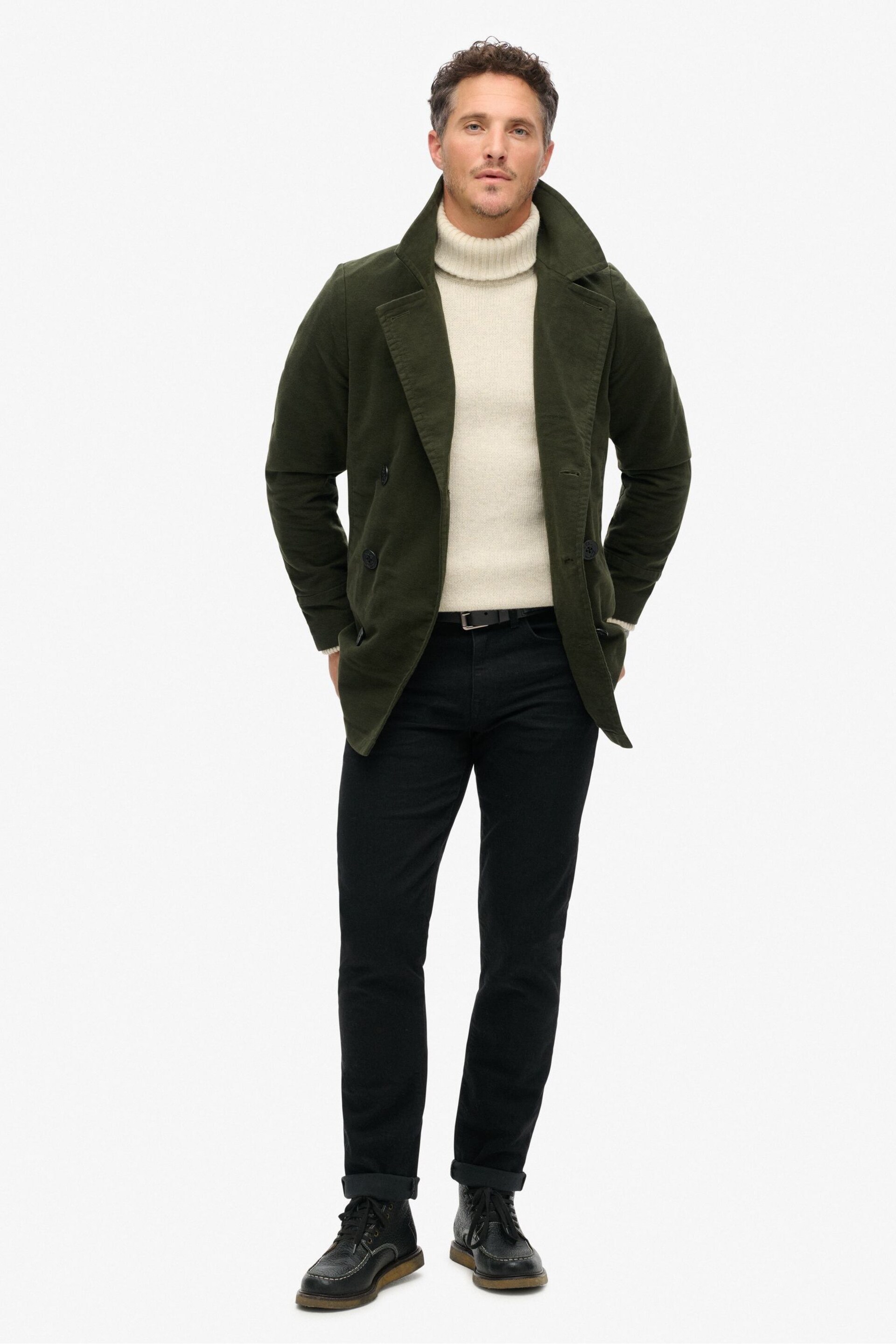 Superdry Green The Merchant Store Moleskin Pea Coat - Image 3 of 6