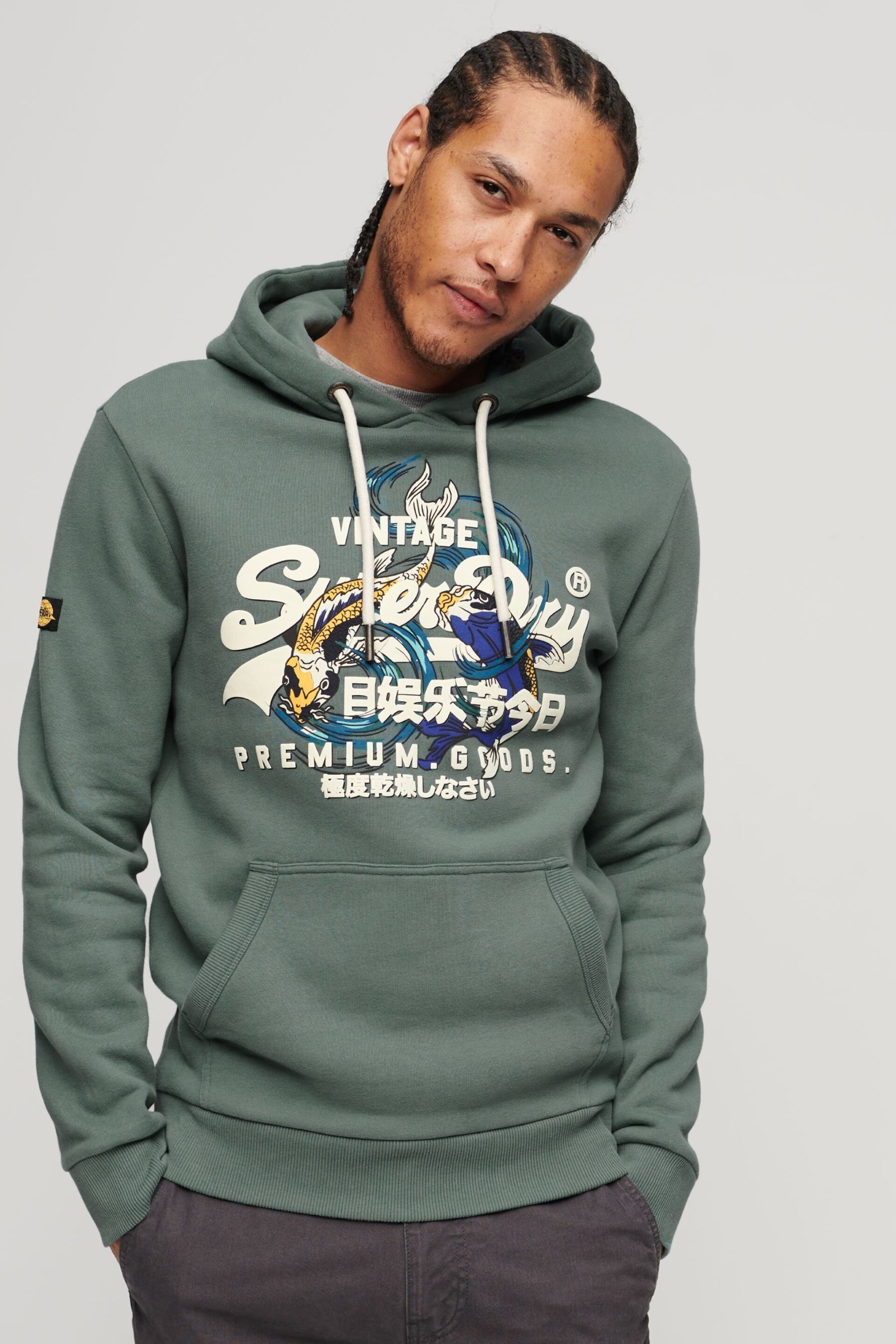 Superdry Green Japanese Vintage Logo Graphic Hoodie - Image 1 of 4