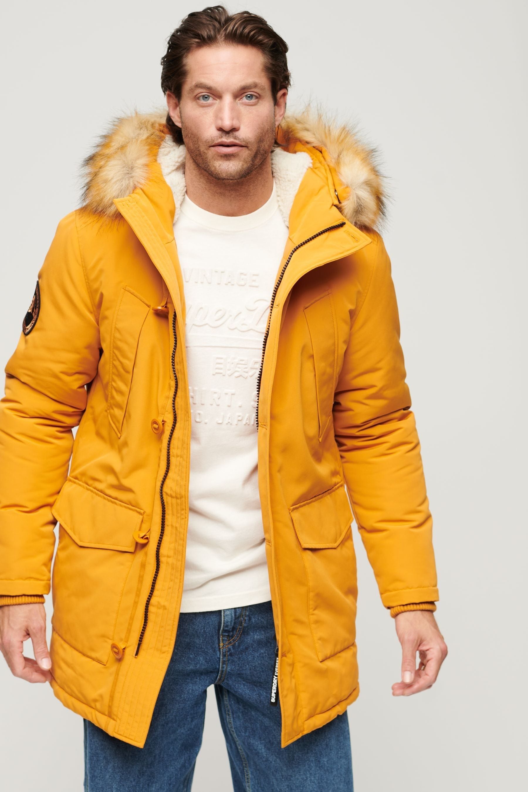 Yellow coat with fur hood online