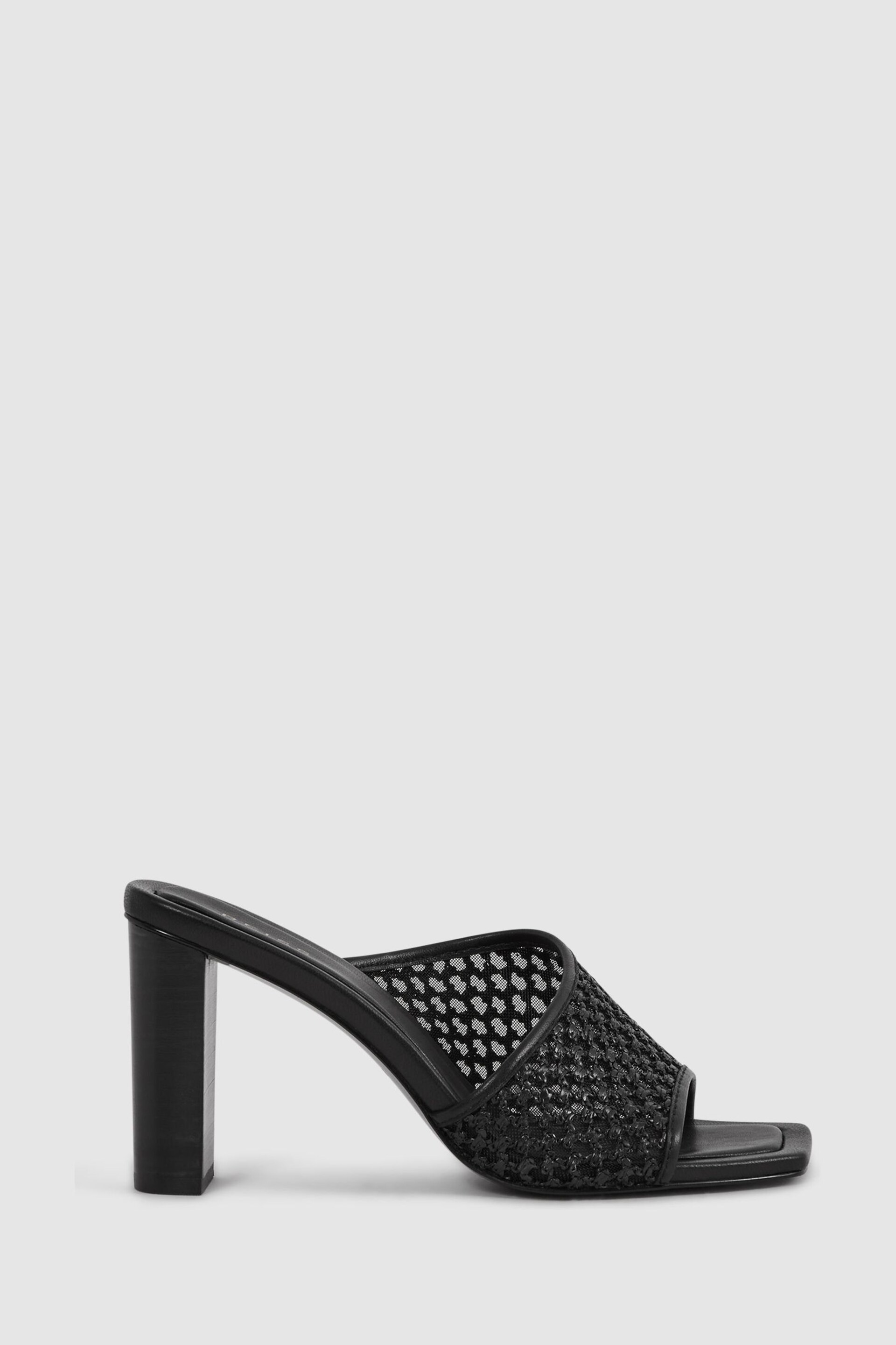 Reiss Black Heather Raffia Block Heel Mules - Image 1 of 5