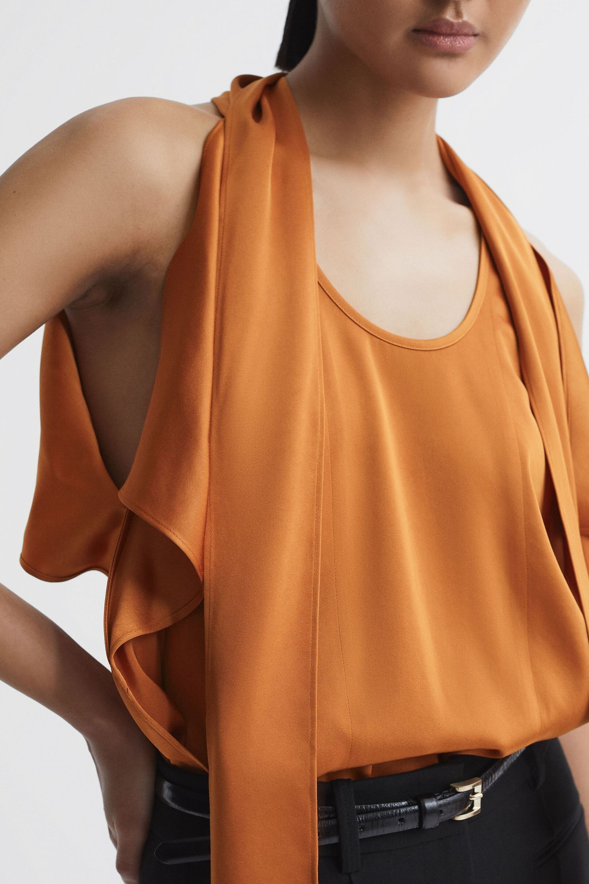 Reiss Rust Camilla Tie Neck Draped Satin Blouse - Image 1 of 5