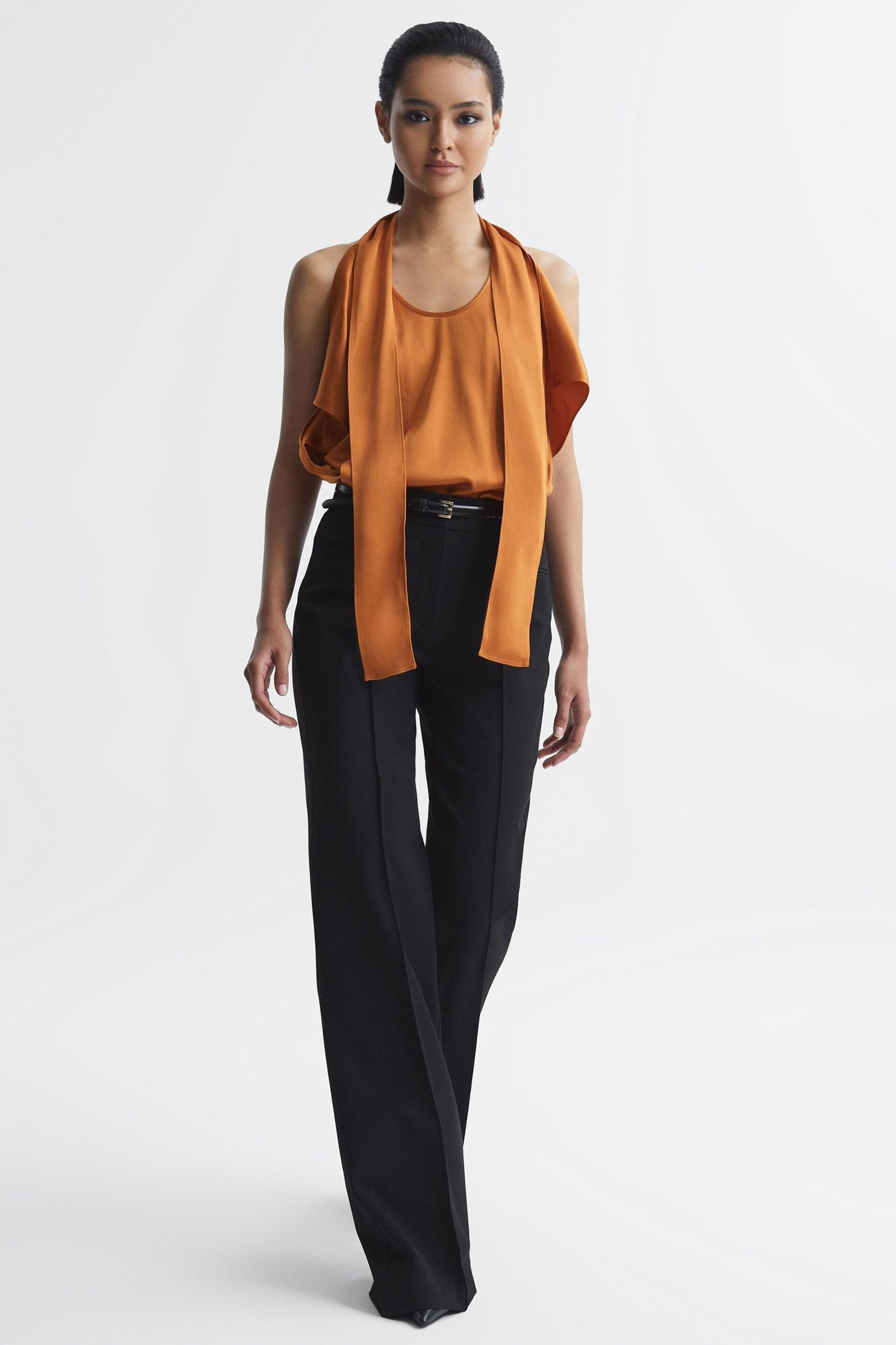 Reiss Rust Camilla Tie Neck Draped Satin Blouse - Image 3 of 5