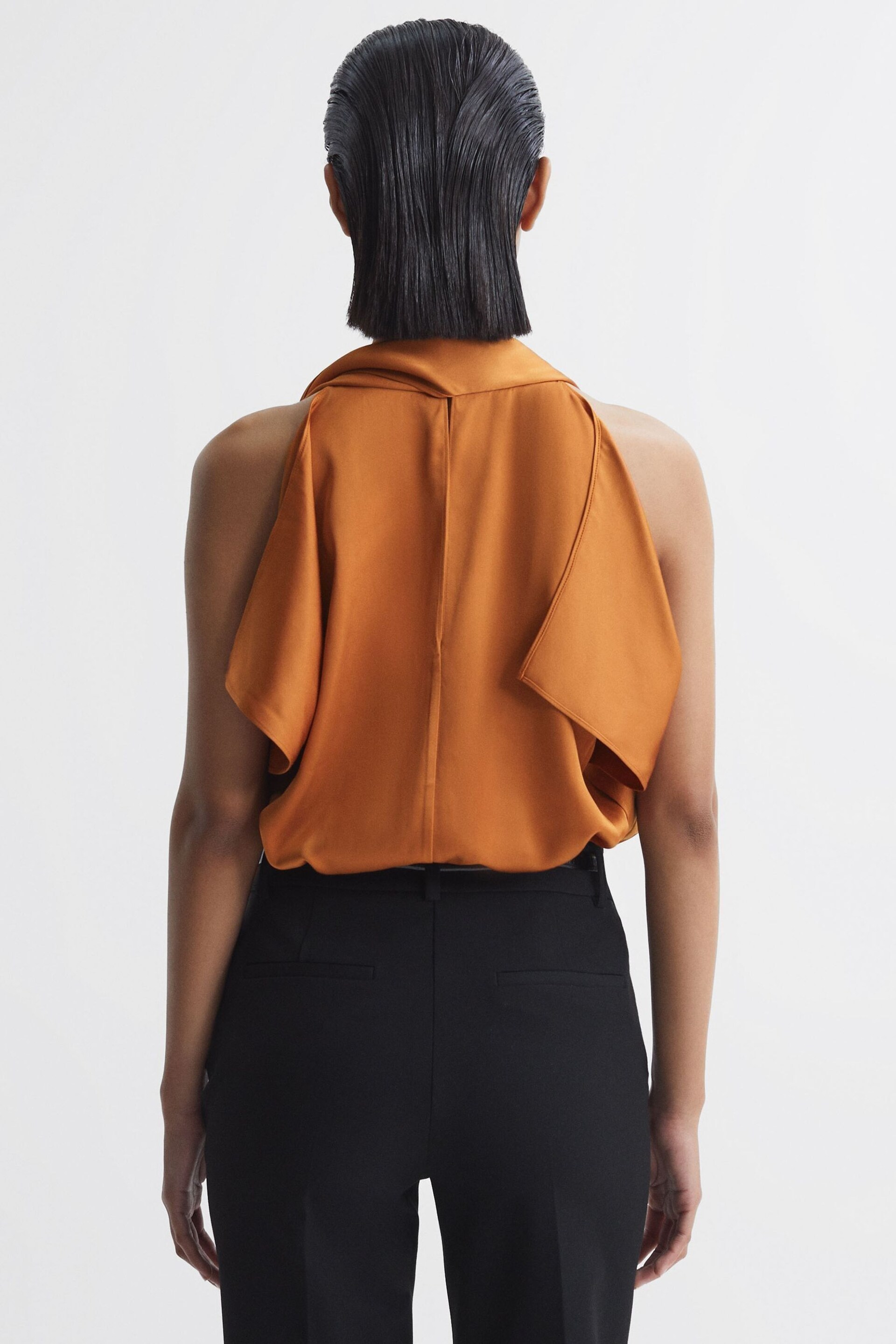 Reiss Rust Camilla Tie Neck Draped Satin Blouse - Image 4 of 5