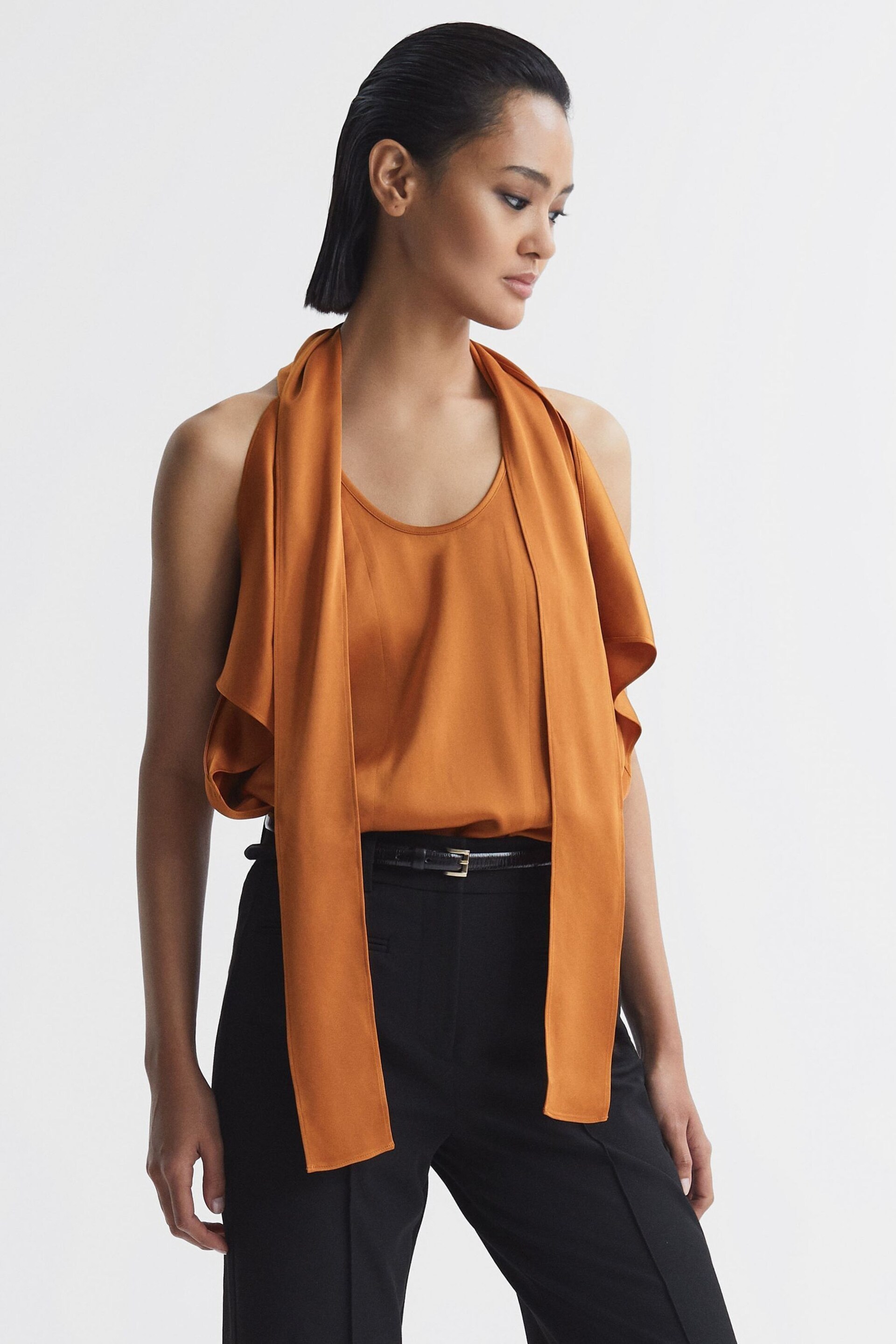 Reiss Rust Camilla Tie Neck Draped Satin Blouse - Image 5 of 5