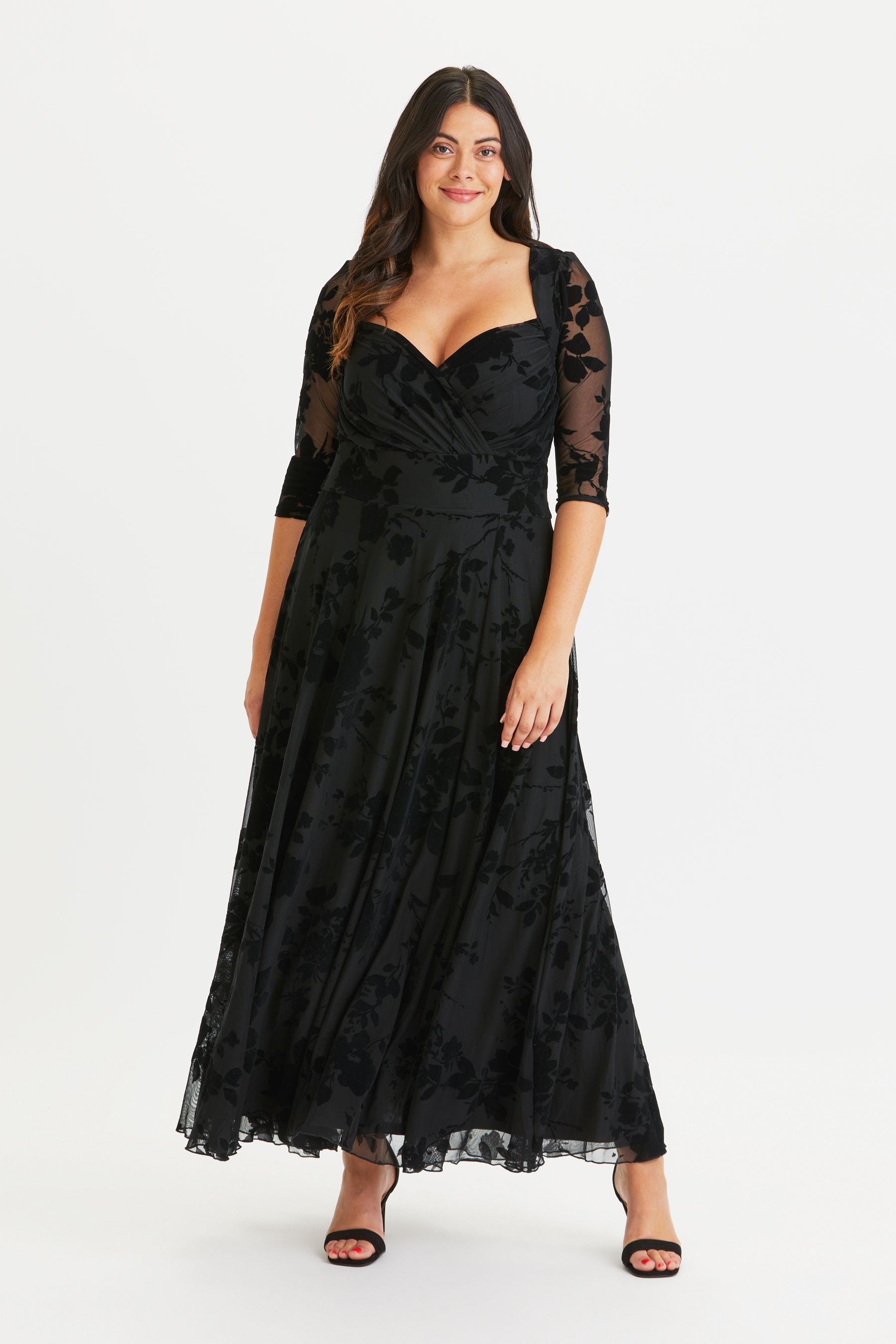Buy Scarlett Jo Black Elizabeth Velvet Flocked Mesh Maxi Gown from Next Luxembourg