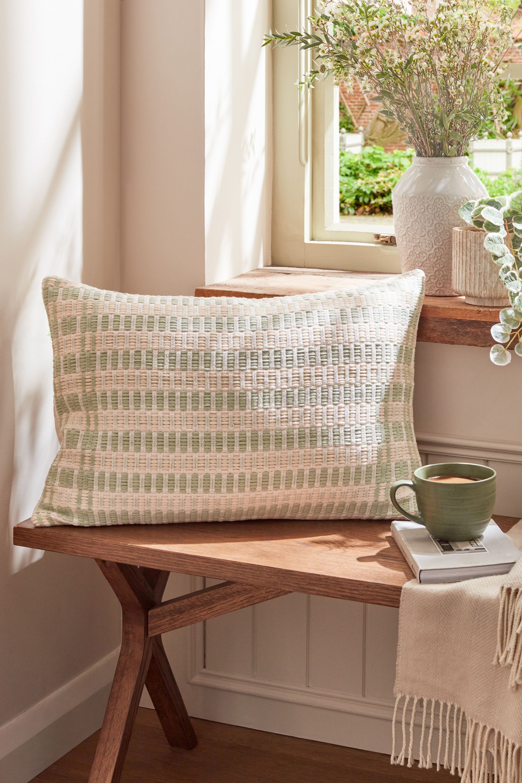 Buy Sage Green 40 x 59cm Eva Textured Weave Cushion from Next Luxembourg