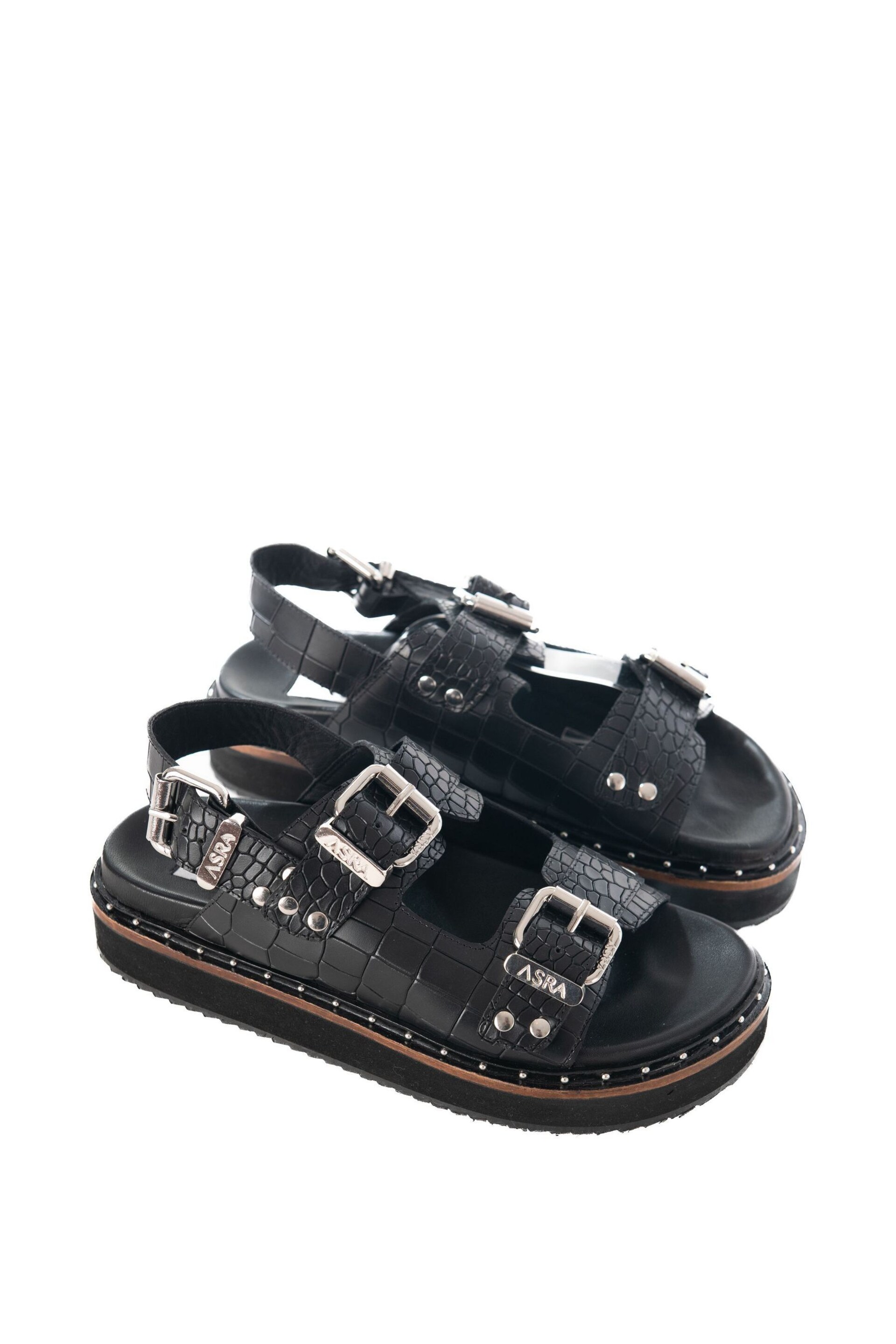 ASRA London Sami Croc Leather Studded Black Sandals - Image 2 of 4
