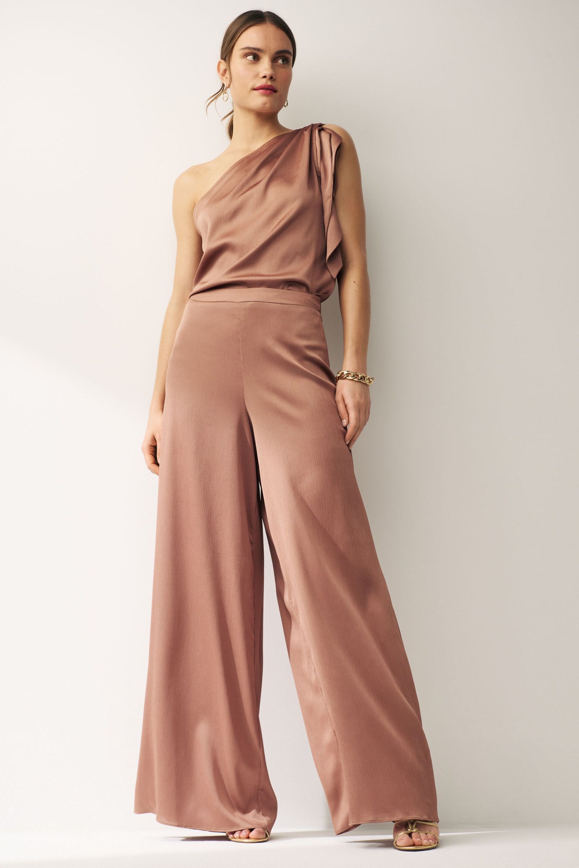 Emme Marella Eretto Wide Leg Satin Brown Trousers - Image 1 of 2