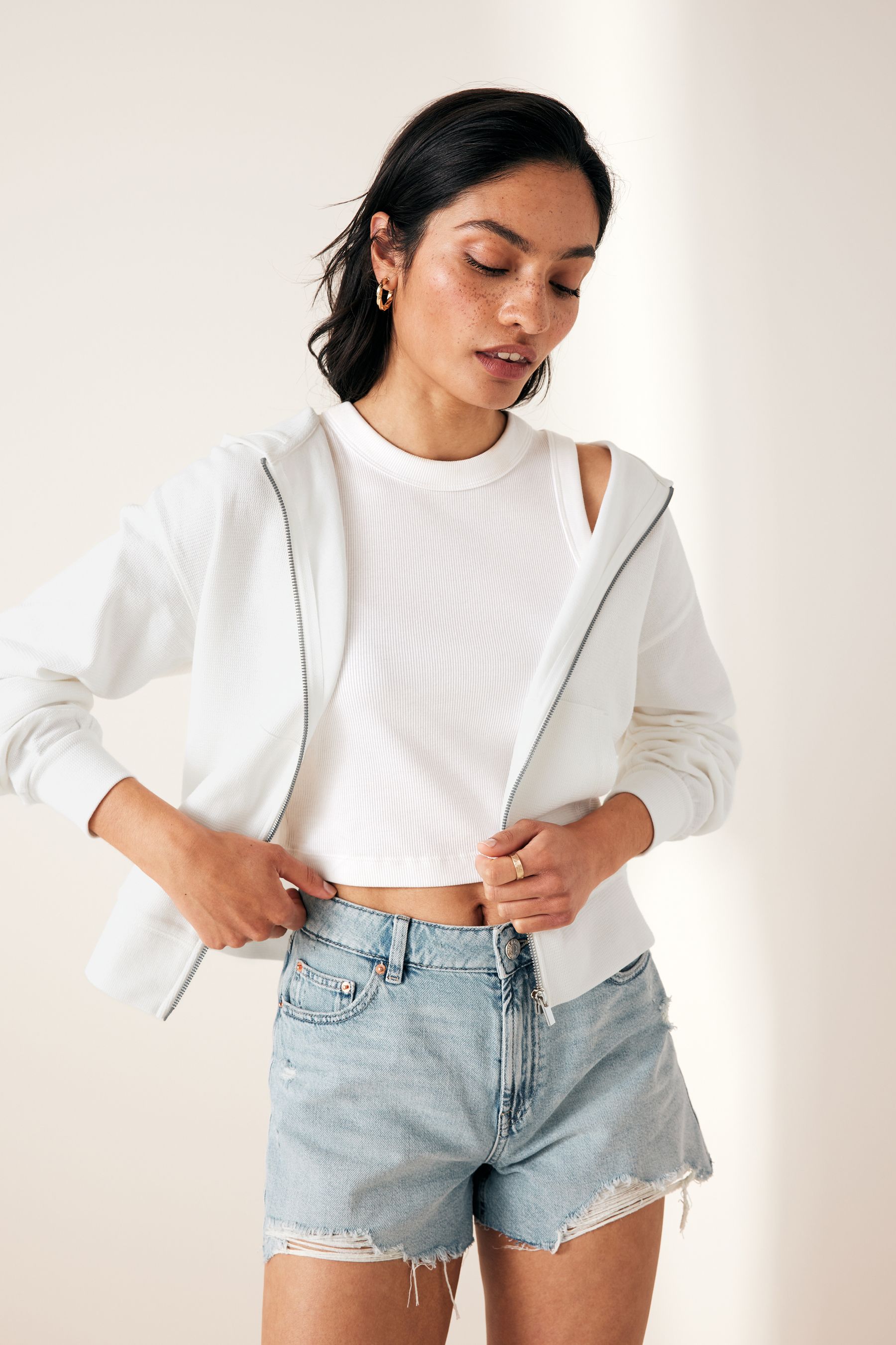 Lightweight white zip up hoodie sales
