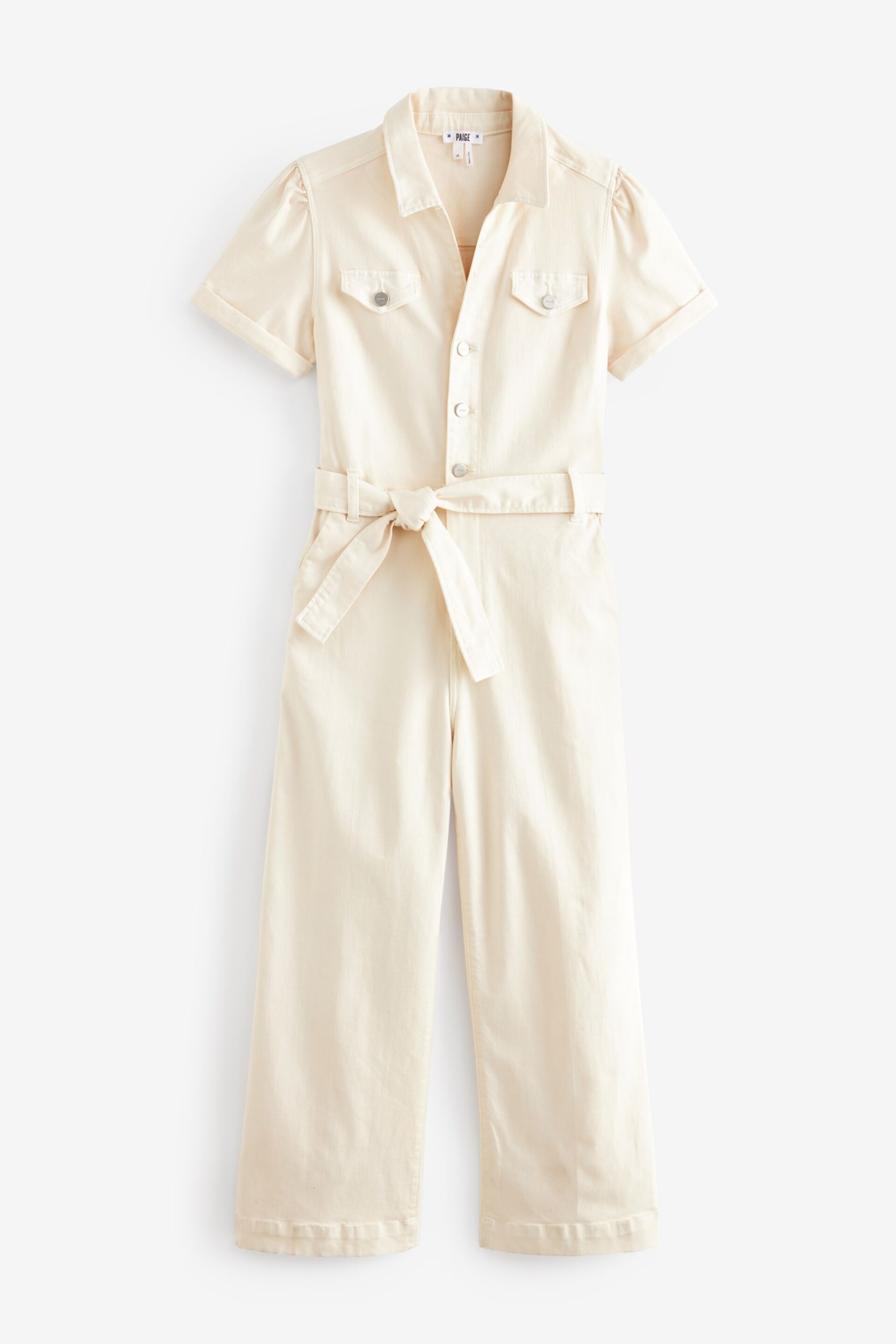 Paige Anessa Puff Sleeve White Jumpsuit w/ Self Tie - Quartz Sand - Image 7 of 7