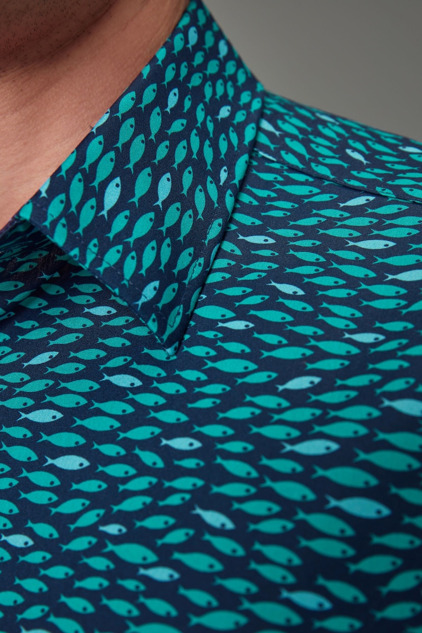 Blue/Turquoise Fish Regular Fit Printed Short Sleeve Shirt - Image 5 of 9