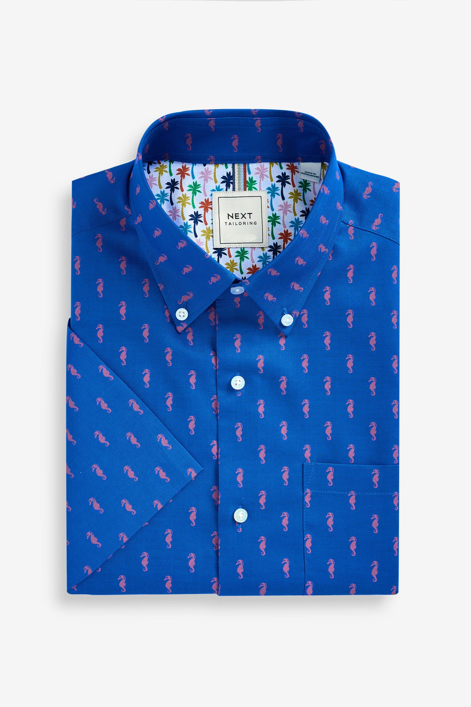 Blue/Pink Seahorse Easy Iron Button Down Short Sleeve Oxford Shirt - Image 7 of 9