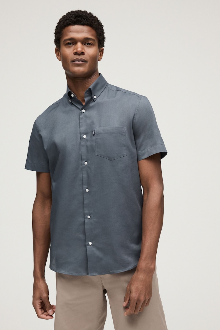 Petrol Blue Regular Fit Short Sleeve Easy Iron Button Down Oxford Shirt - Image 1 of 7