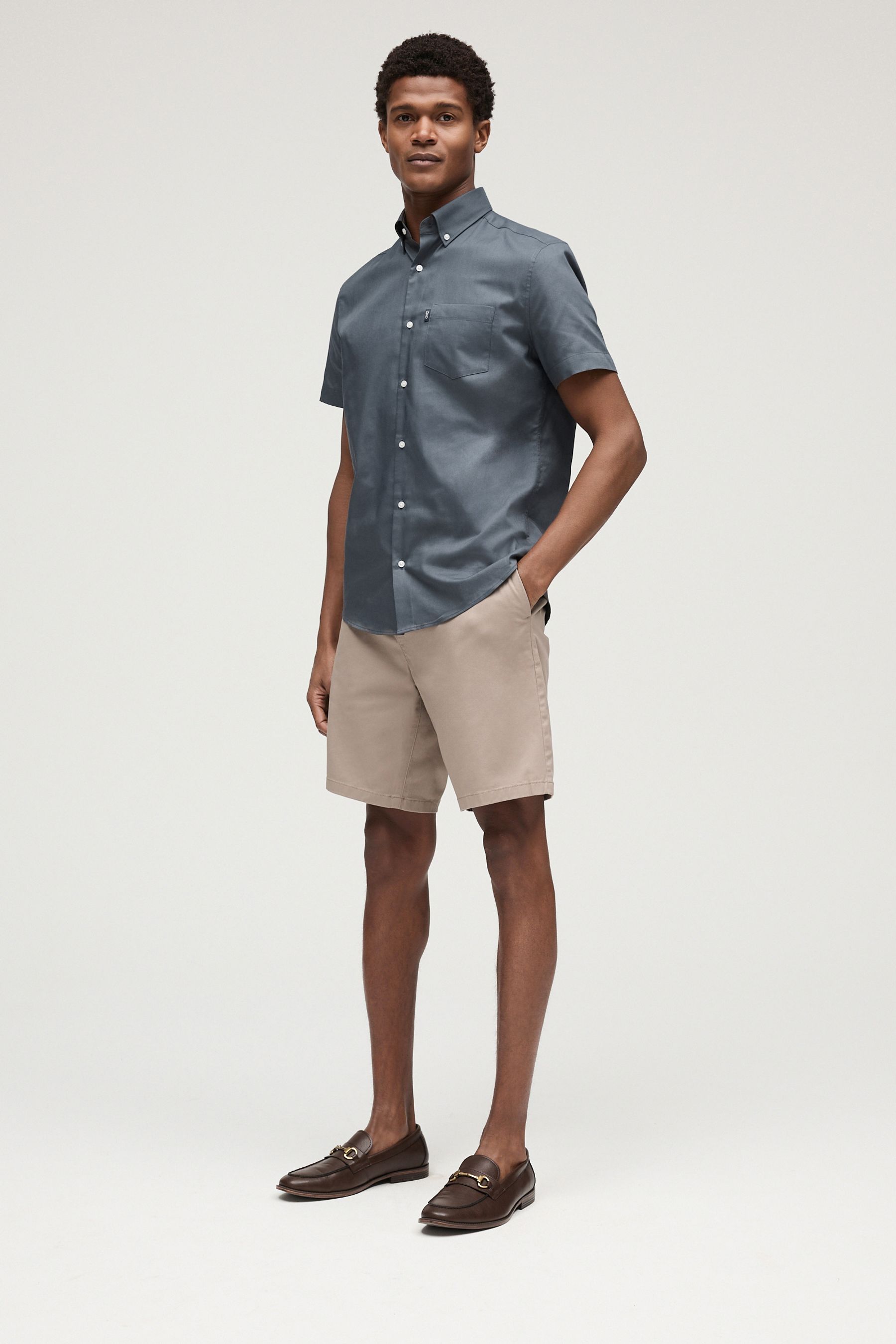 Khaki shorts blue shirt on sale