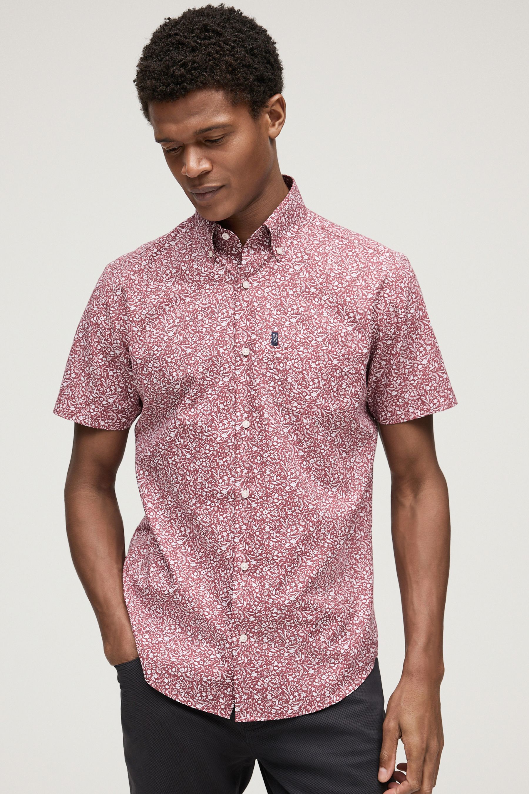 Buy Burgundy Red Floral Easy Iron Button Down Short Sleeve Oxford Shirt from the Next UK online shop