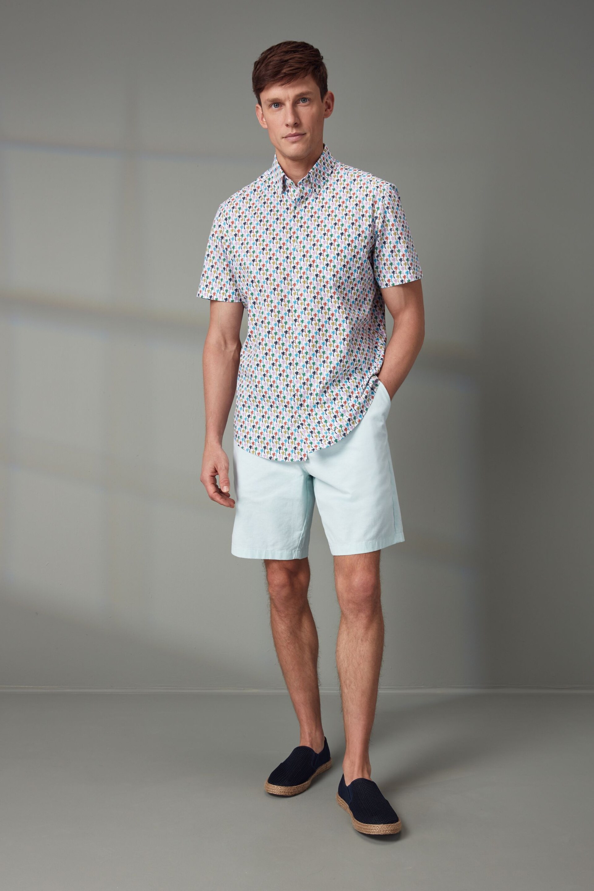 White/Multicolour Palm Tree Easy Iron Button Down Short Sleeve Oxford Shirt - Image 2 of 6