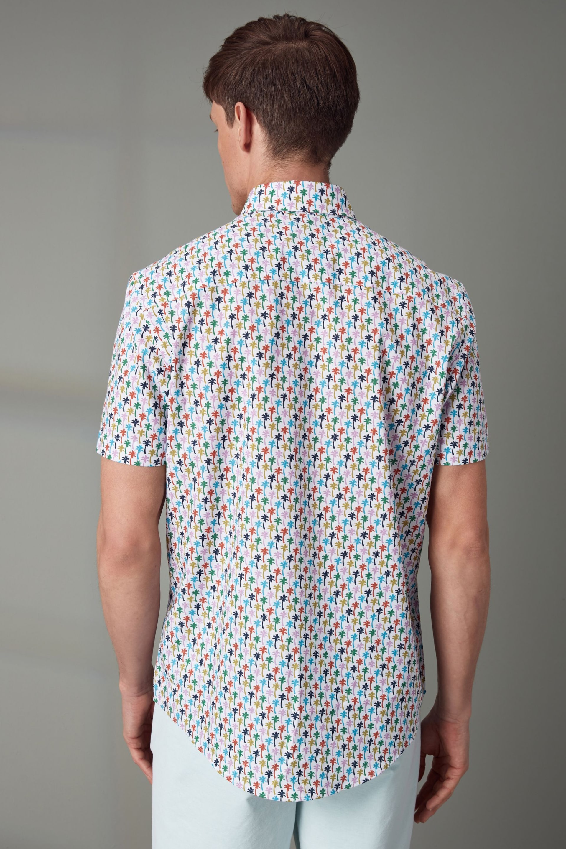White/Multicolour Palm Tree Easy Iron Button Down Short Sleeve Oxford Shirt - Image 3 of 6