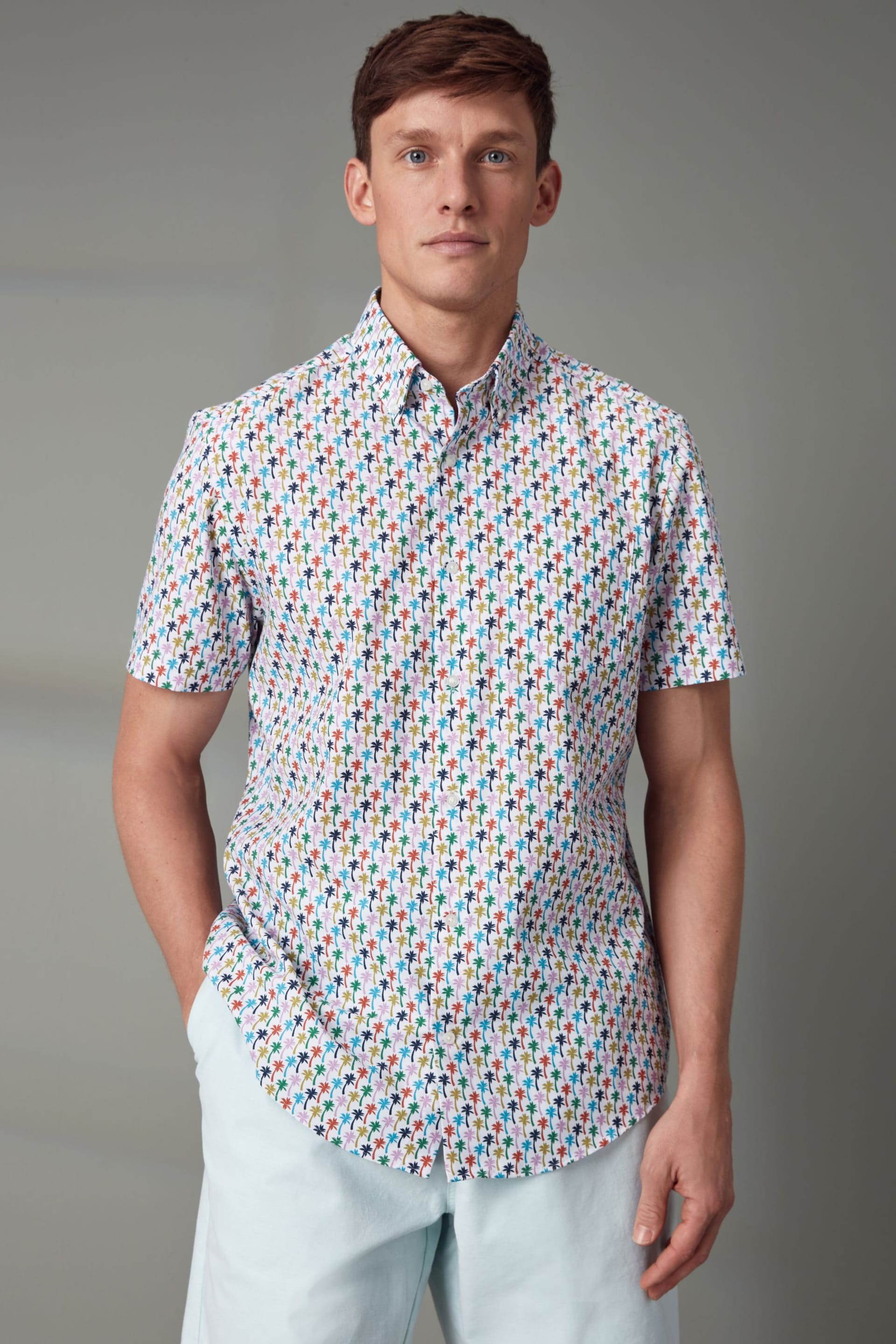 White/Multicolour Palm Tree Easy Iron Button Down Short Sleeve Oxford Shirt - Image 4 of 6