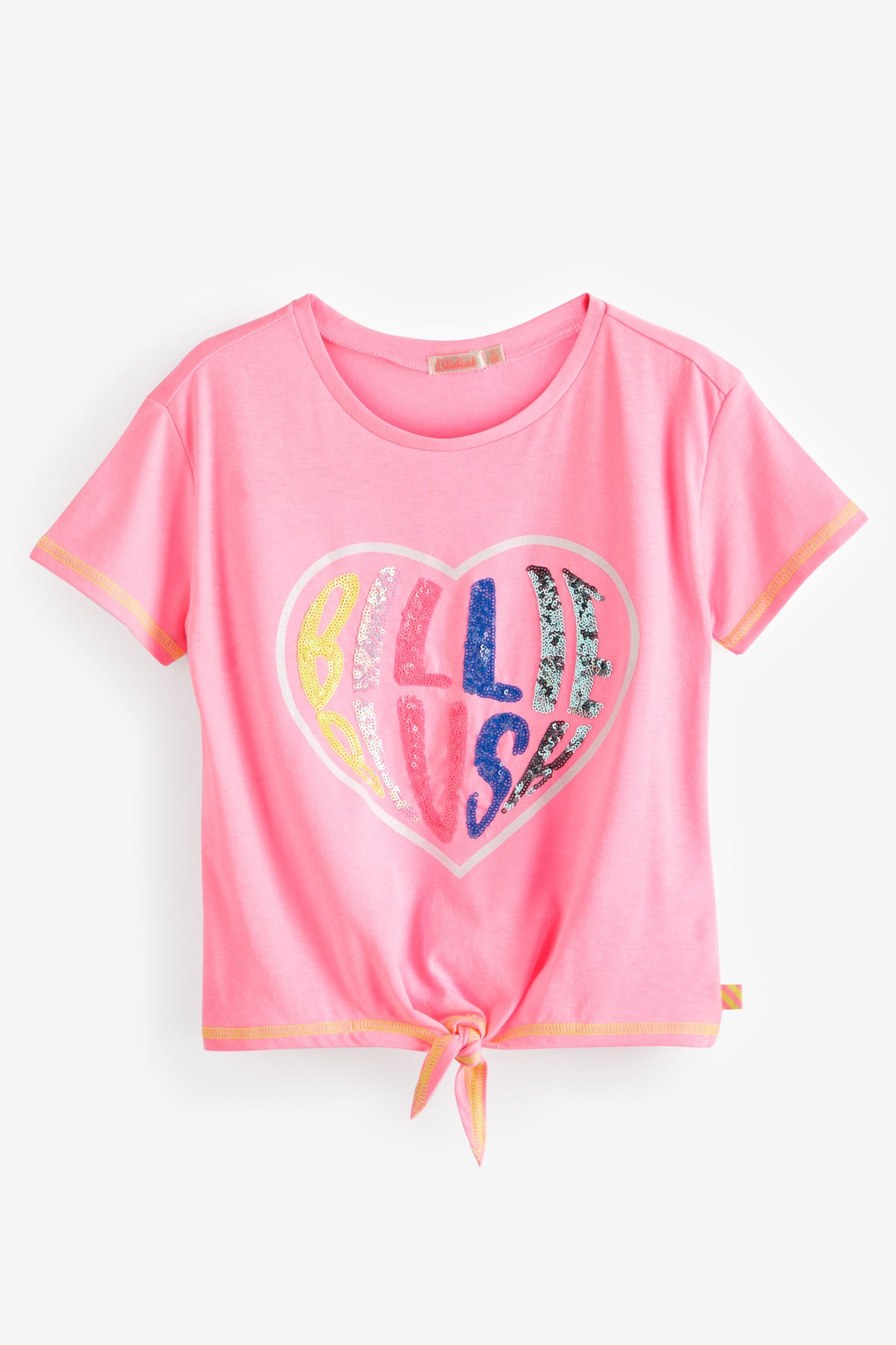 Billieblush Pink Glitter Heart Logo Cropped Tie Front T-Shirt - Image 1 of 3