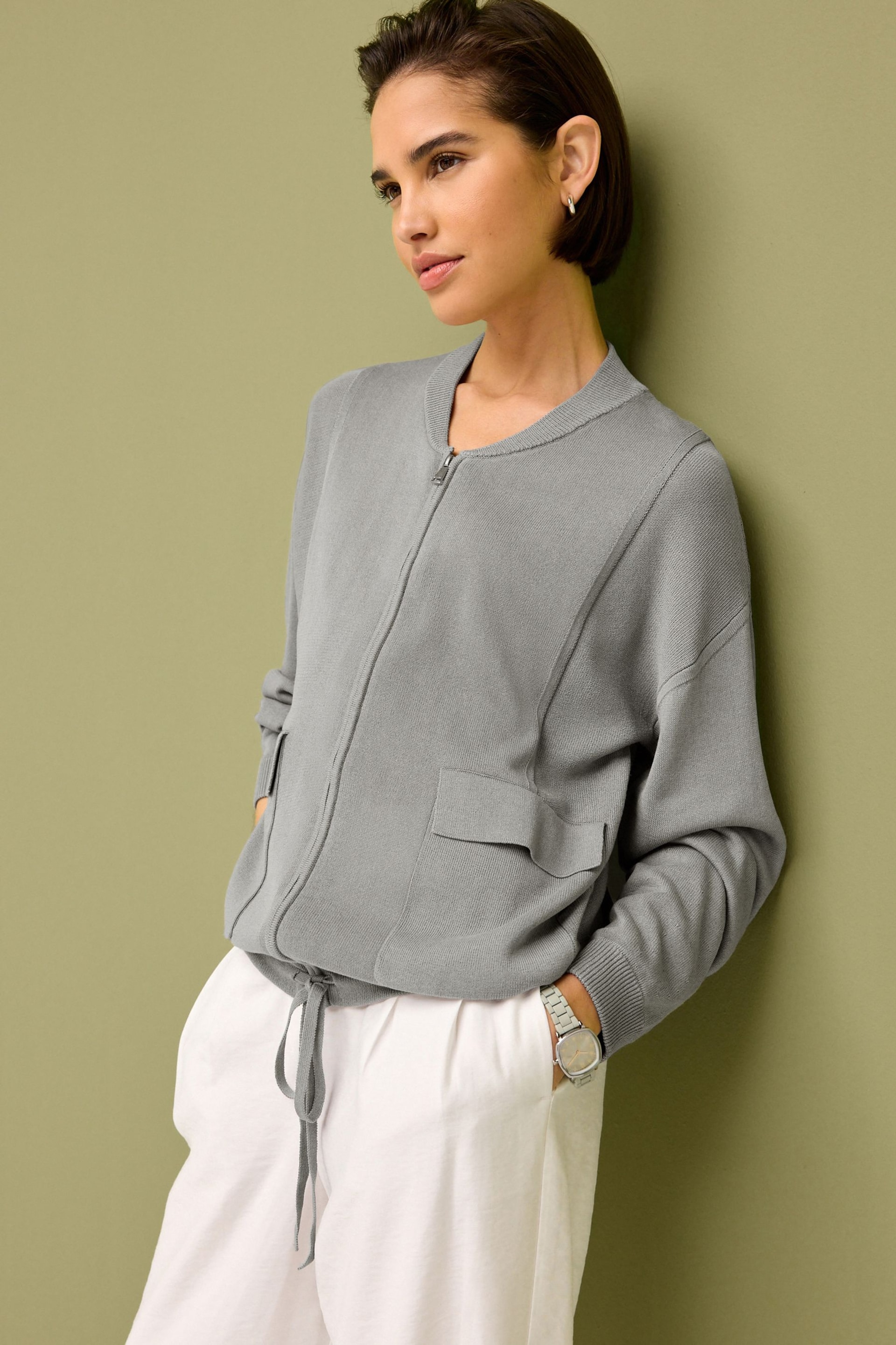 Grey Zip Knitted Bomber Cardigan - Image 1 of 6