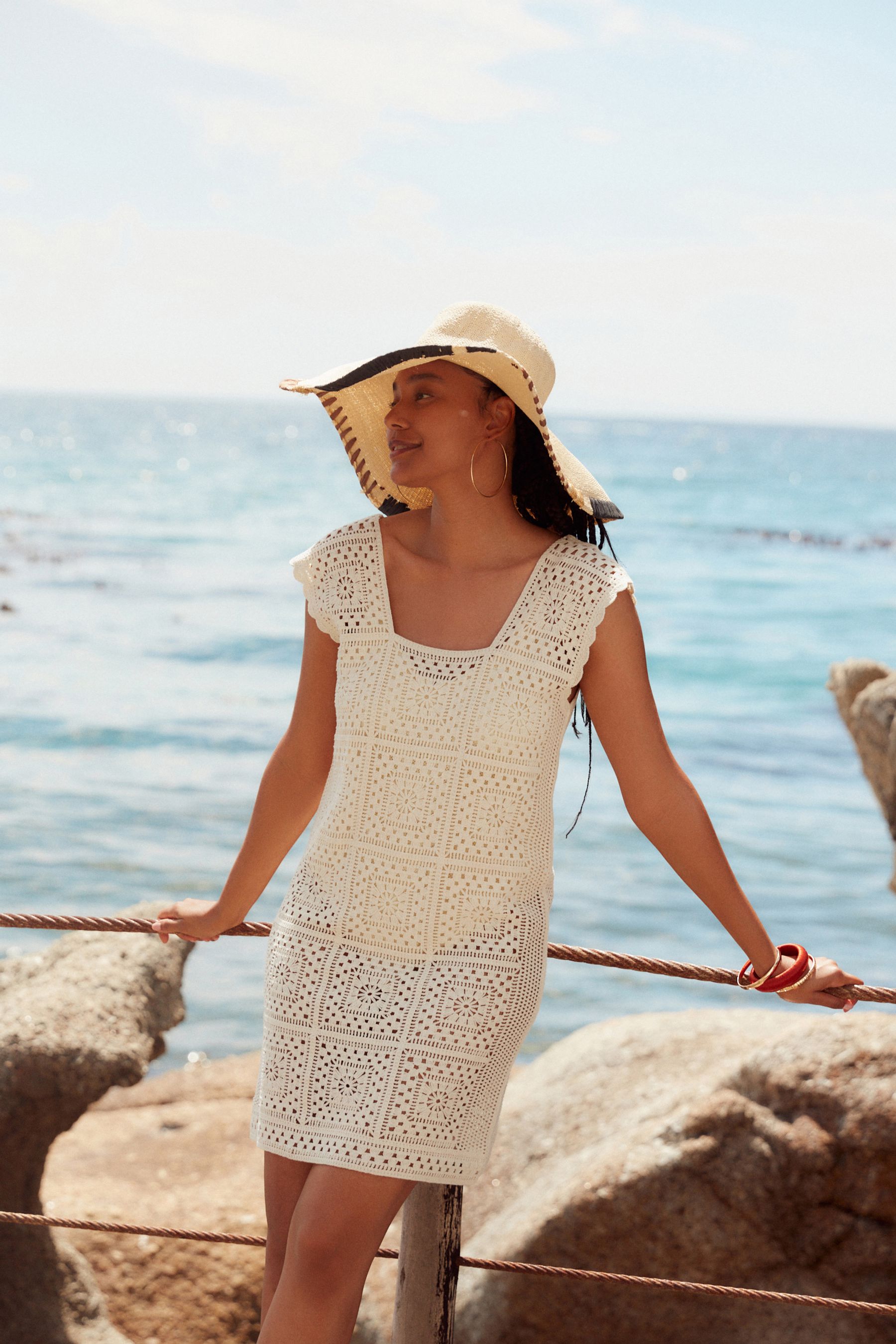 Buy Neutral Crochet Square Neck Mini Dress from Next Luxembourg