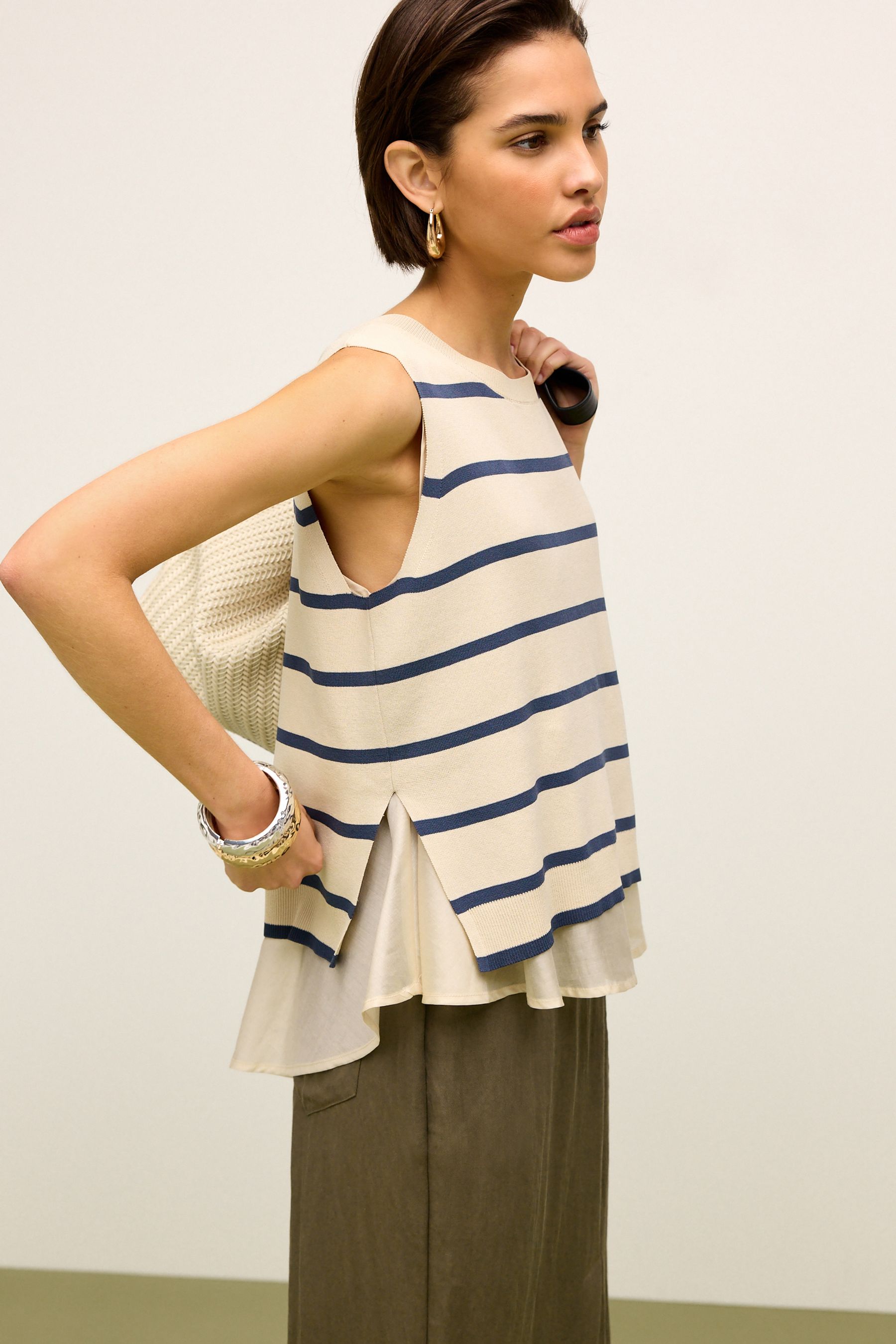 Buy Navy Blue Stripe Woven Mix Sleeveless Layer Top from Next Luxembourg