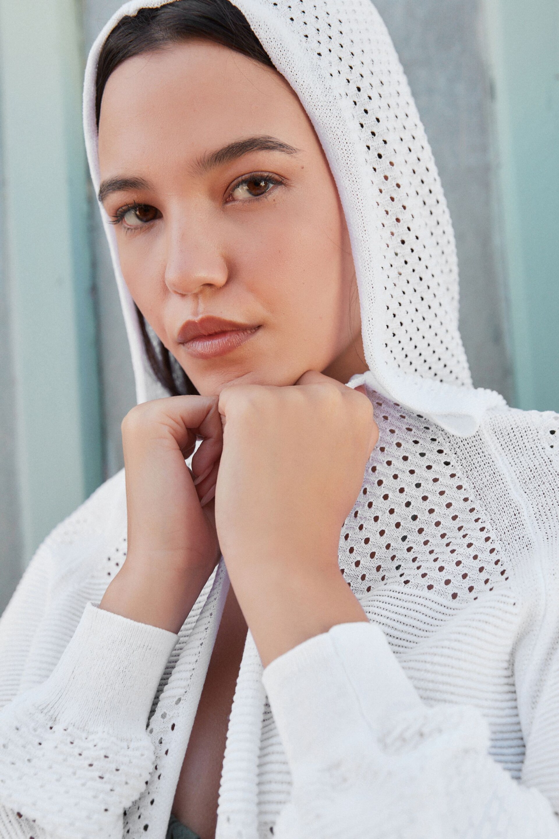 White Mesh Stitch Hooded Cardigan - Image 3 of 7