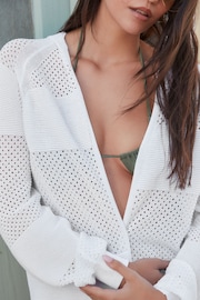 White Mesh Stitch Hooded Cardigan - Image 4 of 7