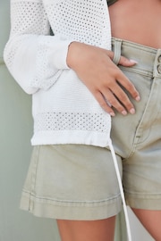 White Mesh Stitch Hooded Cardigan - Image 5 of 7