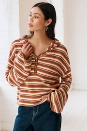 Brown Stripe Button Neck Hoodie - Image 1 of 6