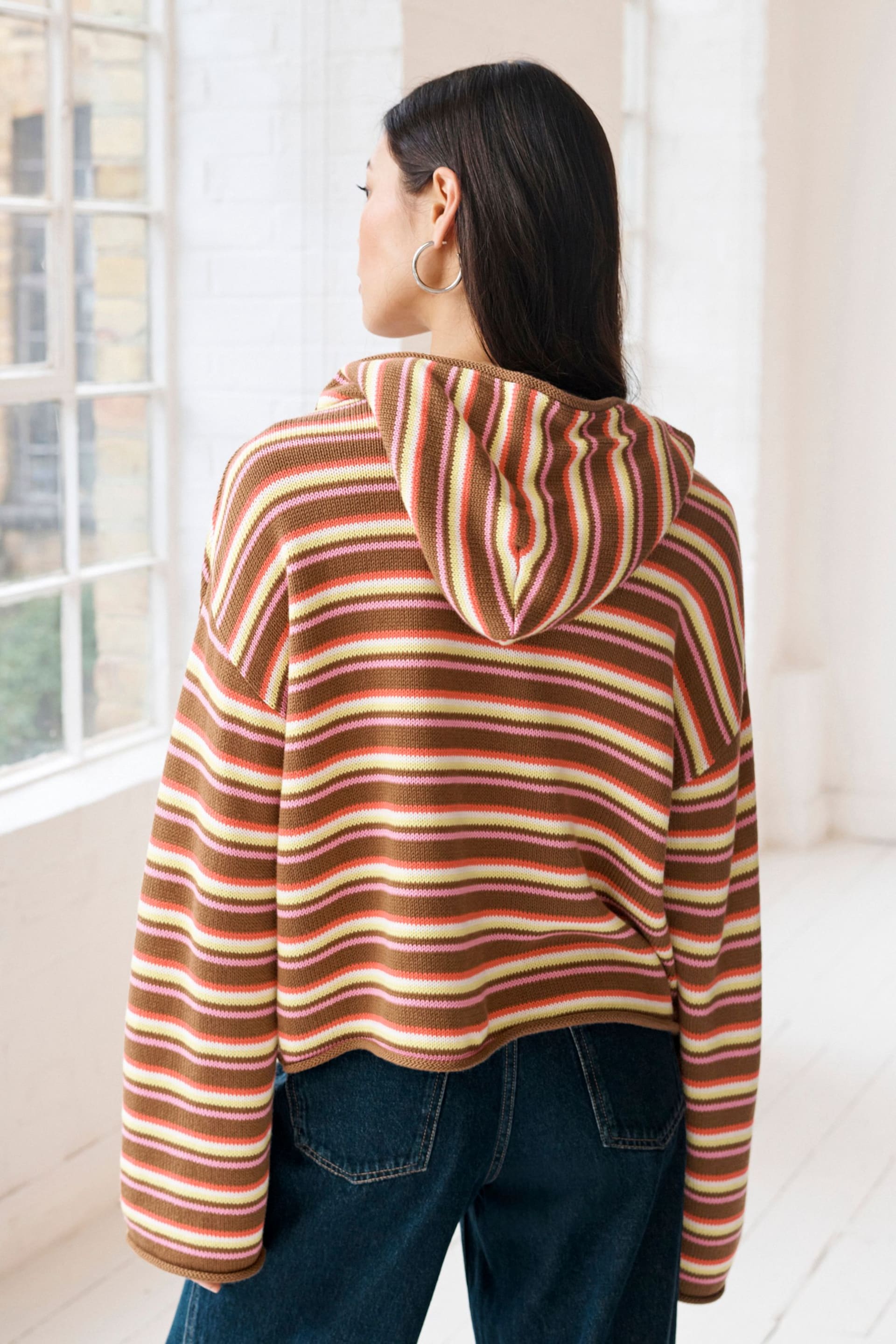 Brown Stripe Button Neck Hoodie - Image 3 of 6