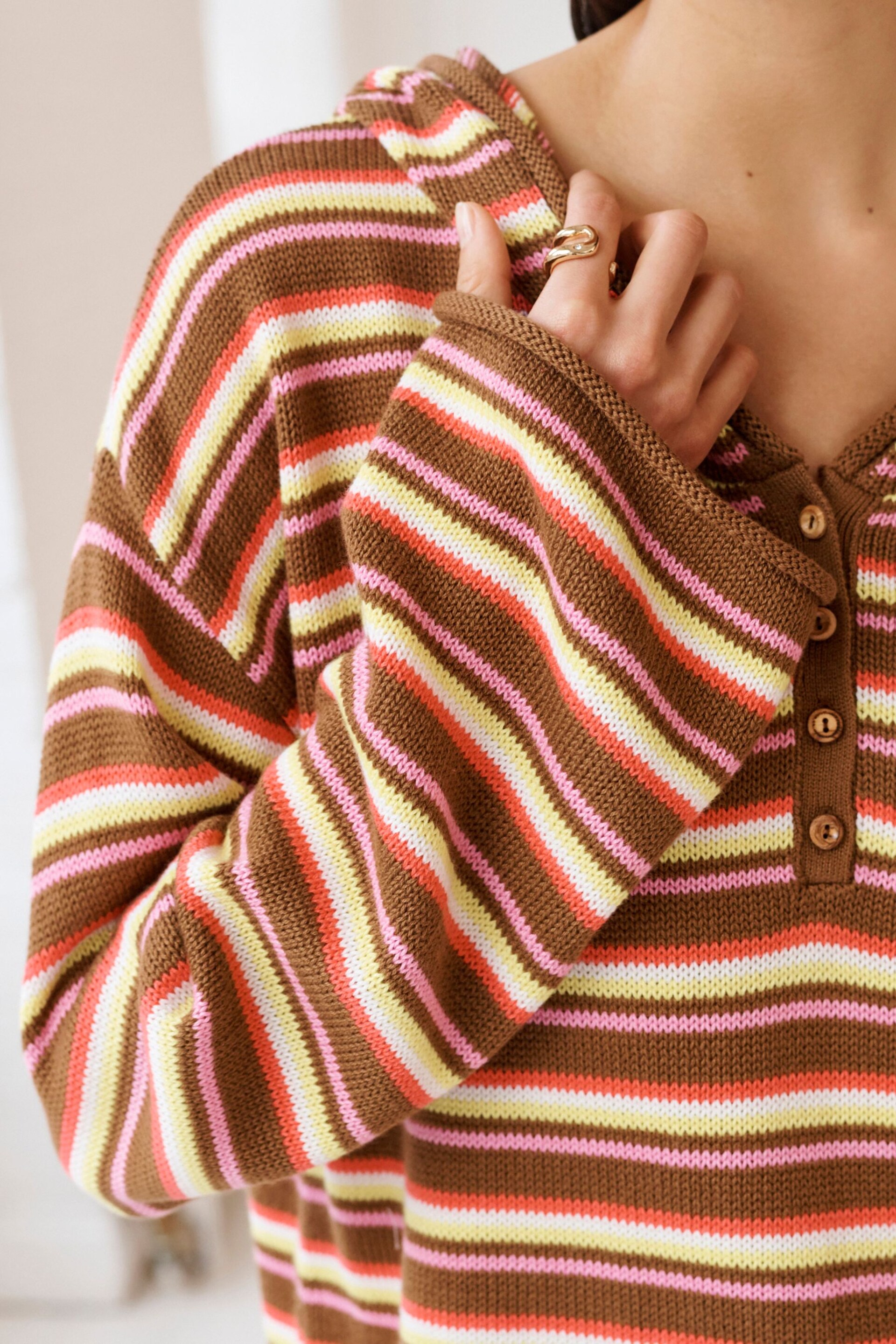 Brown Stripe Button Neck Hoodie - Image 4 of 6