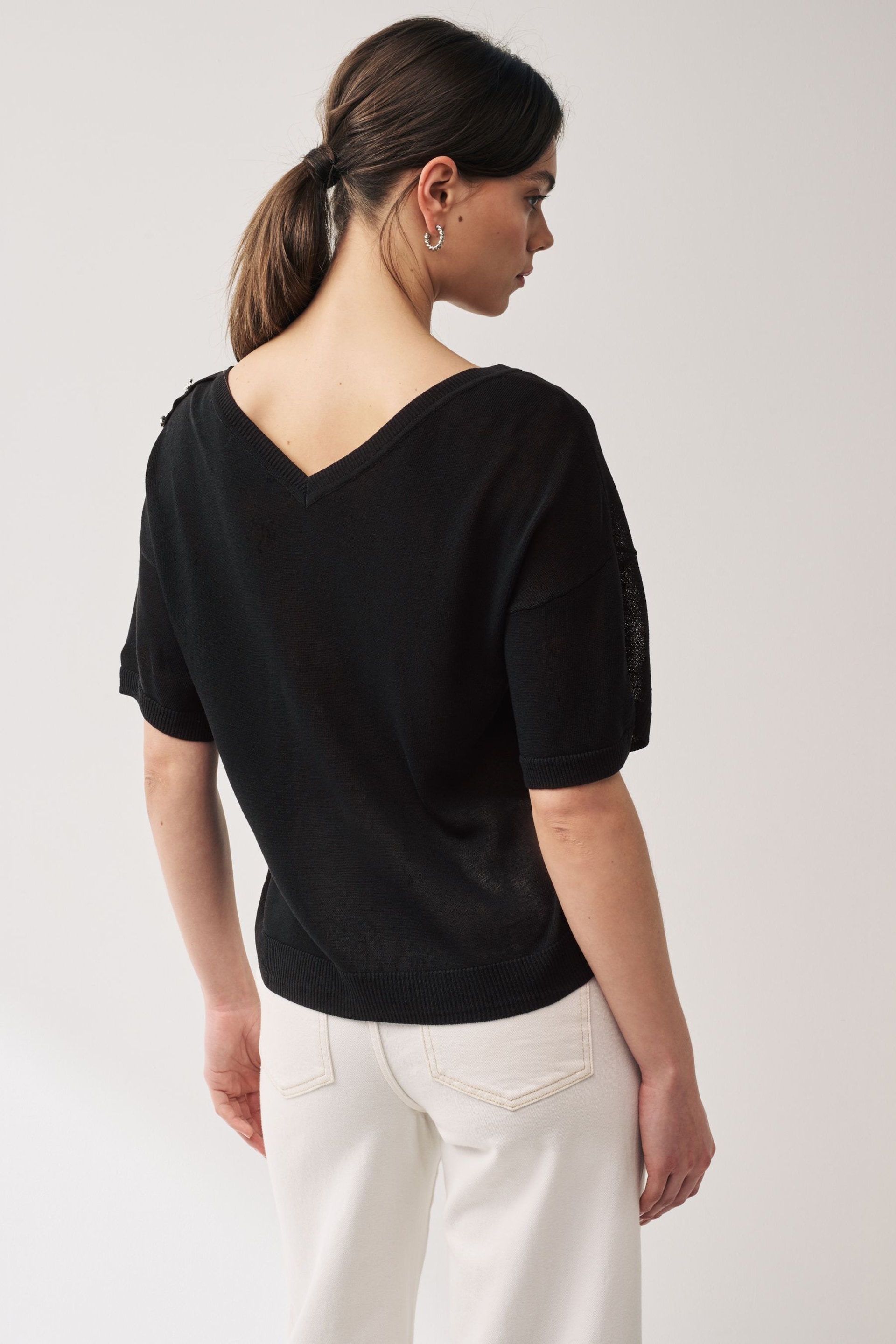 Black V-Neck Gem Button Linen T-Shirt - Image 3 of 6
