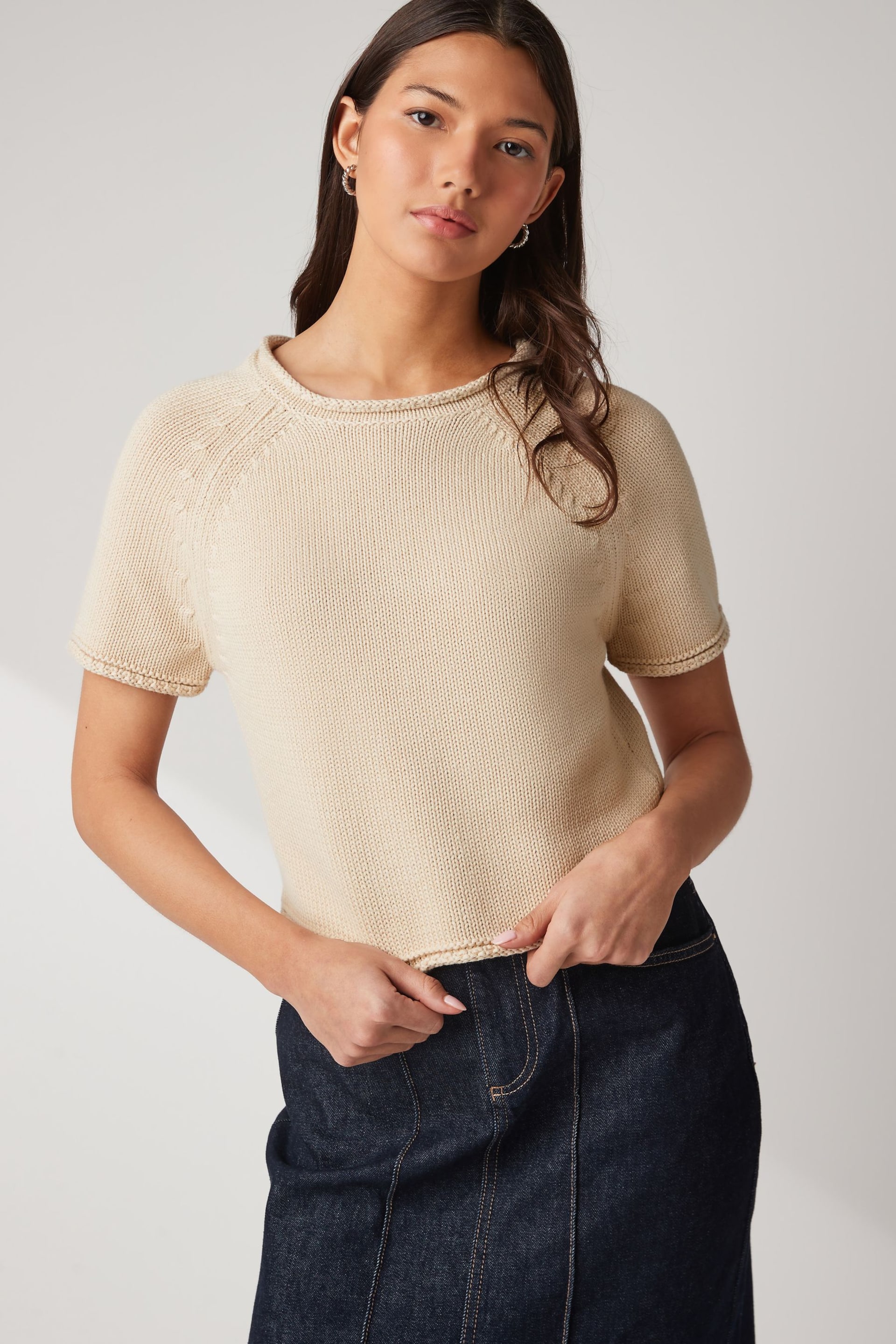 Neutral Brown 100% Cotton Roll Edge Knitted T-Shirt - Image 1 of 5