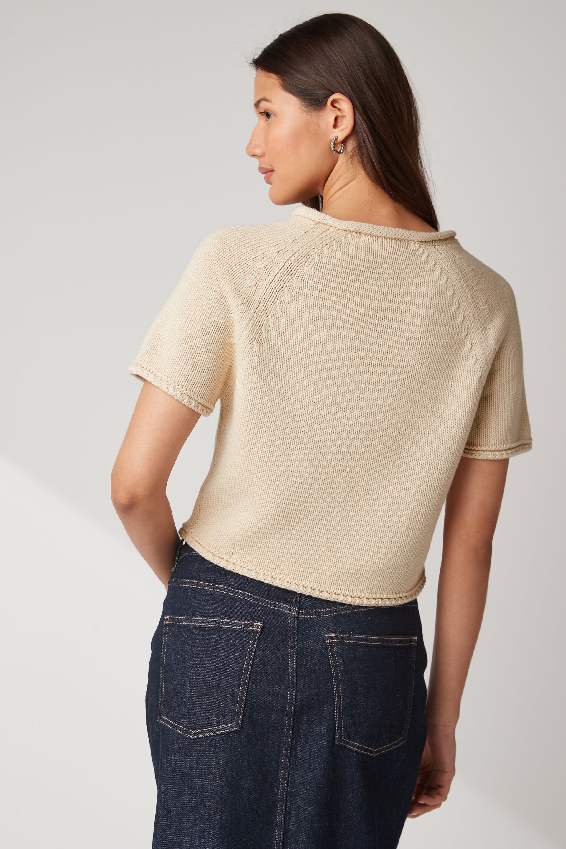 Neutral Brown 100% Cotton Roll Edge Knitted T-Shirt - Image 2 of 5