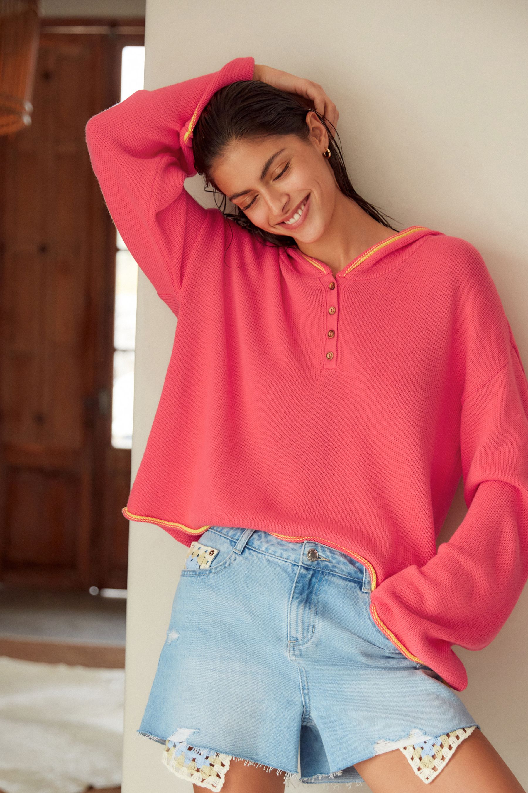 Buy Coral Pink Button Neck Hoodie from Next Luxembourg
