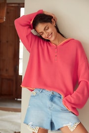 Coral Pink Button Neck Hoodie - Image 1 of 7