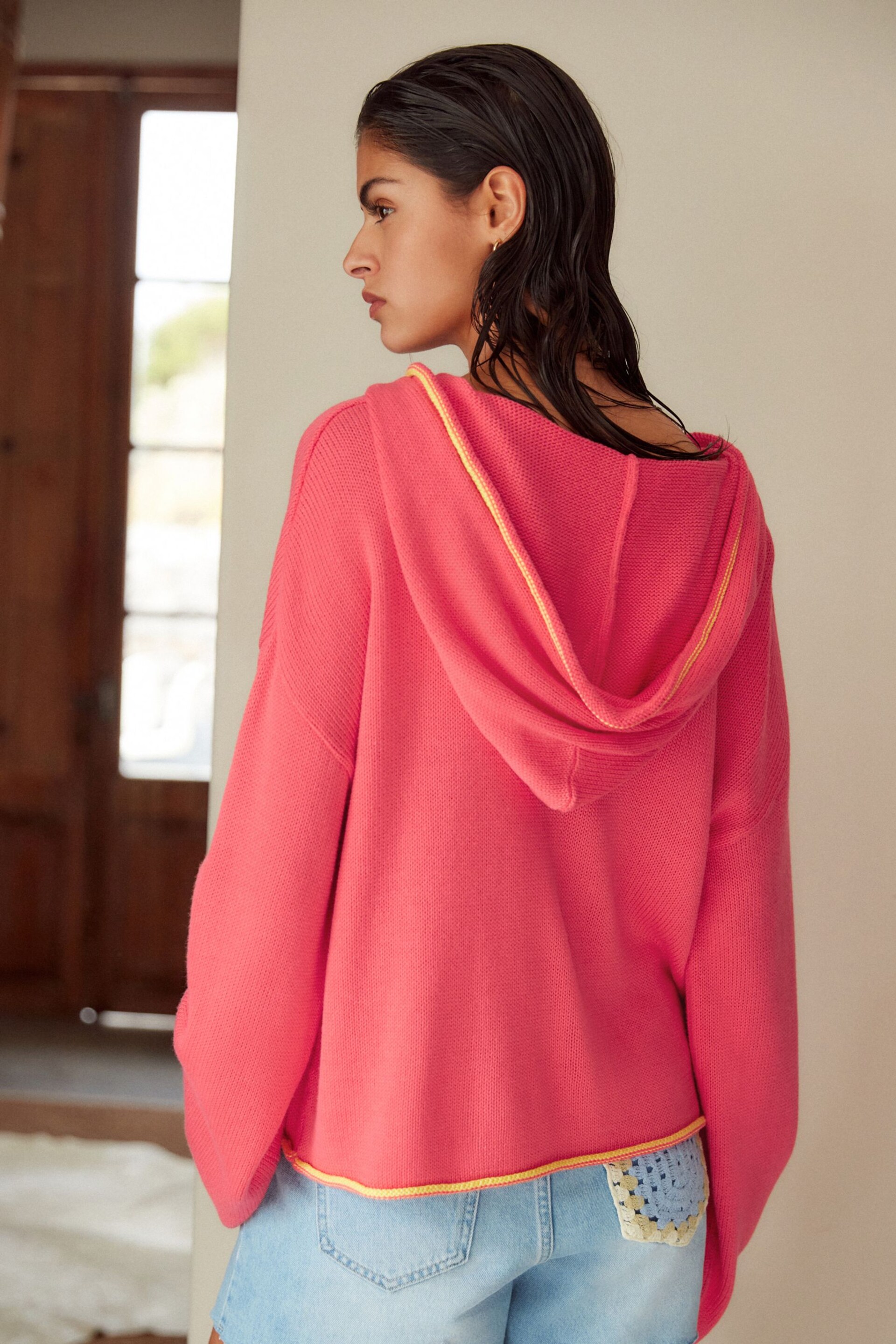 Coral Pink Button Neck Hoodie - Image 2 of 7
