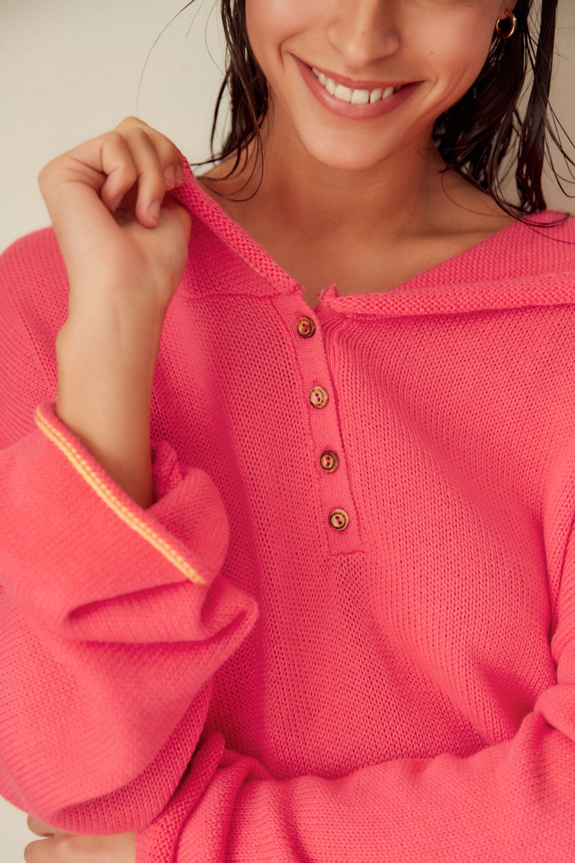 Coral Pink Button Neck Hoodie - Image 3 of 7