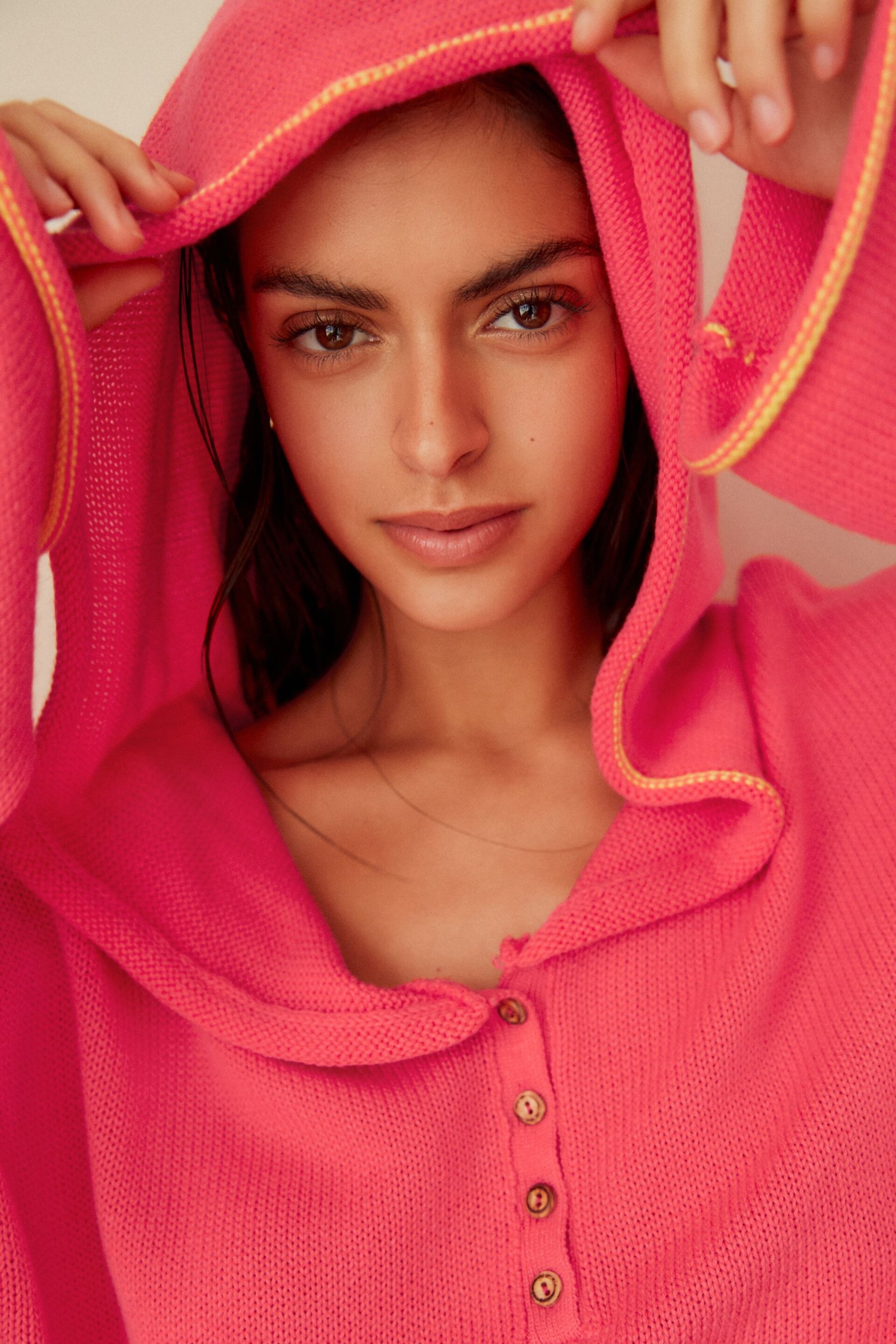 Coral Pink Button Neck Hoodie - Image 5 of 7