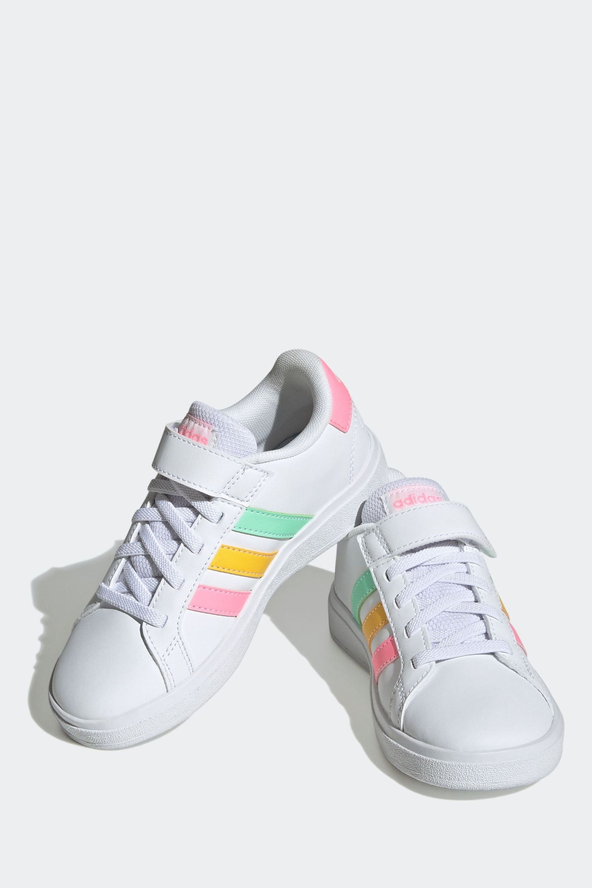 adidas White/Pink Sportswear Kids Grand Court Elastic Lace and Top Strap Trainers - Image 4 of 9