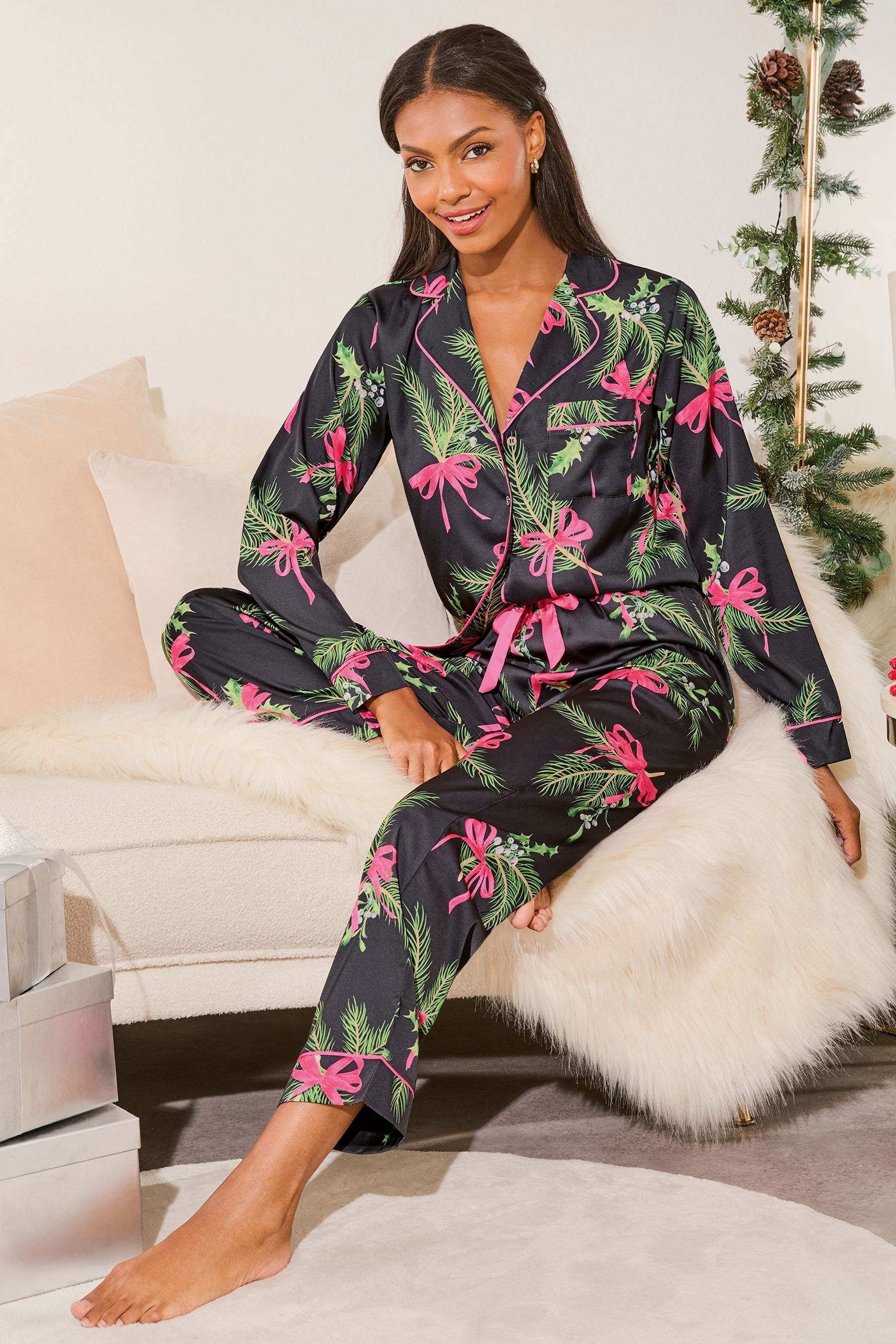 Buy Lipsy Black Satin Long Sleeve Trousers Pyjamas from Next Oman