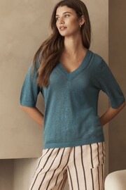 Teal Blue 100% Linen V-Neck Knitted T-Shirt - Image 2 of 6